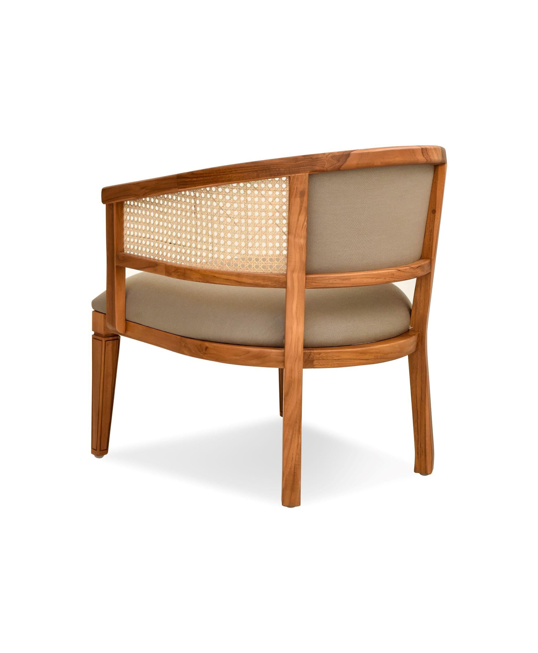 Contemporary Lune, Teak and Hand Woven Cane Lounge Chair in Golden Brown For Sale