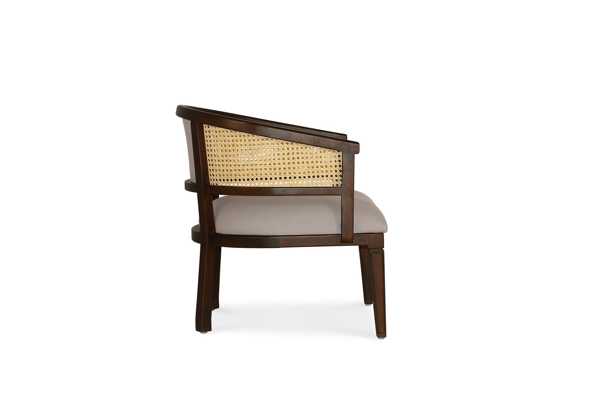 Contemporary Lune, Teak and Hand Woven Cane Lounge Chair in Walnut Brown For Sale