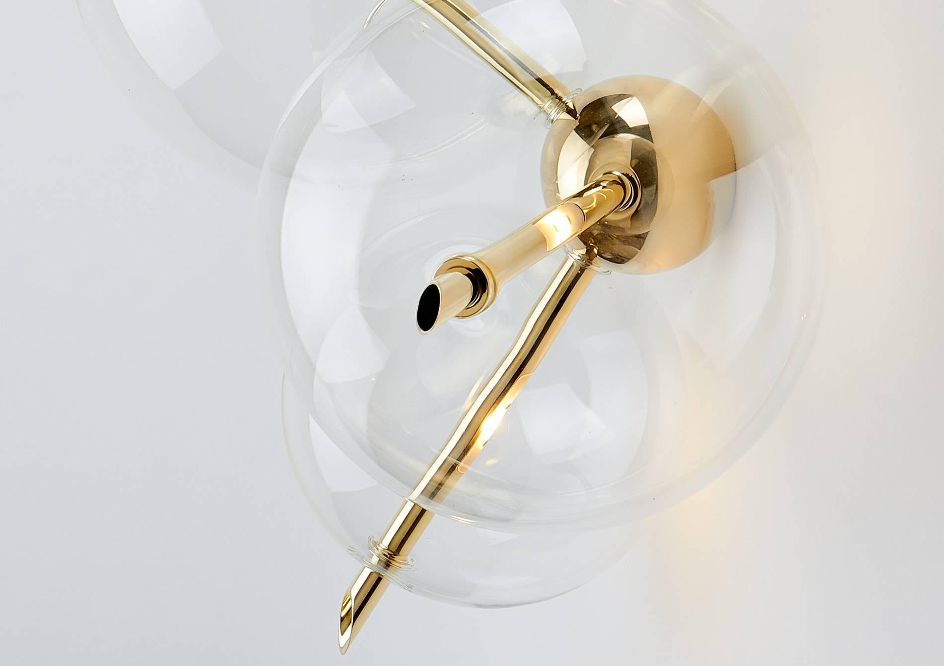 Minimalist Lune Three lights Contemporary Ceiling Mount / Sconce Polished Brass Blown Glass For Sale