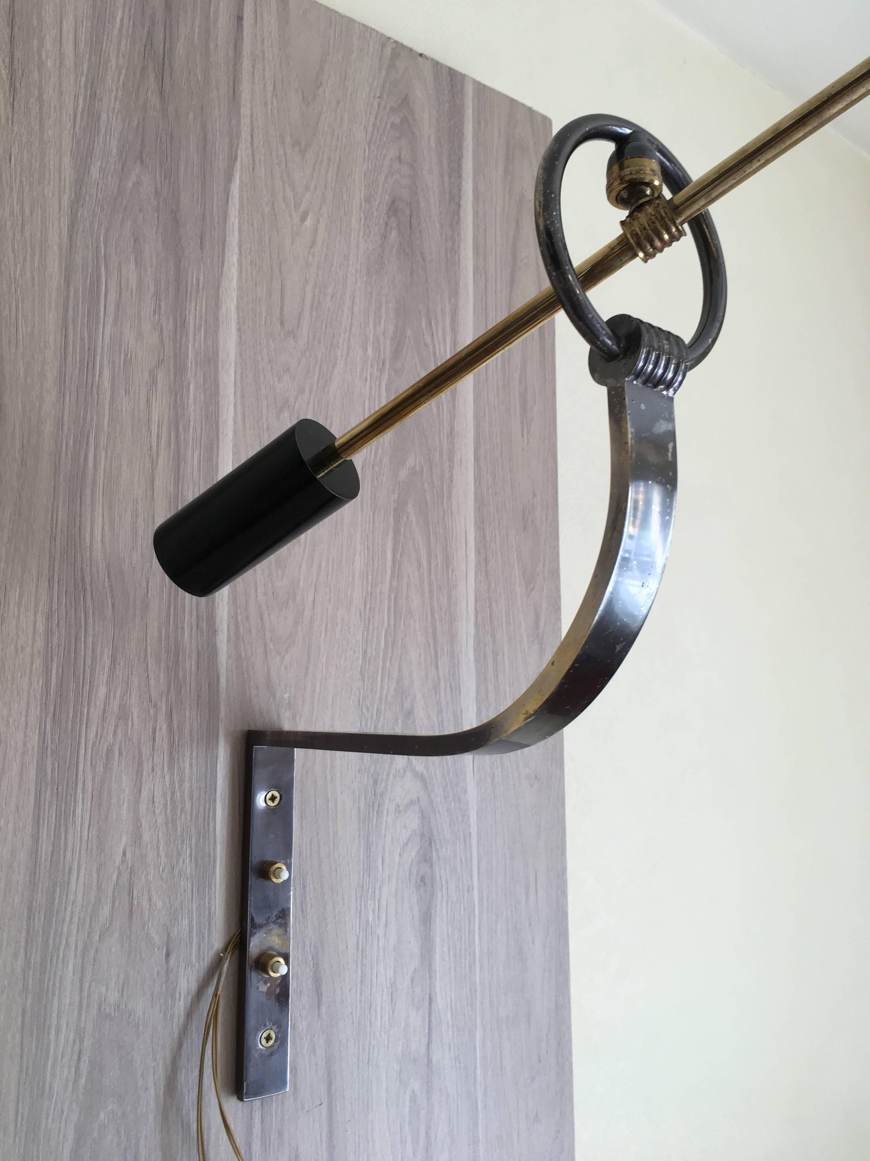 Lunel 1950s Large Swing Arm Counterbalance Wall Lamp, Gunmetal Patina, French For Sale 4