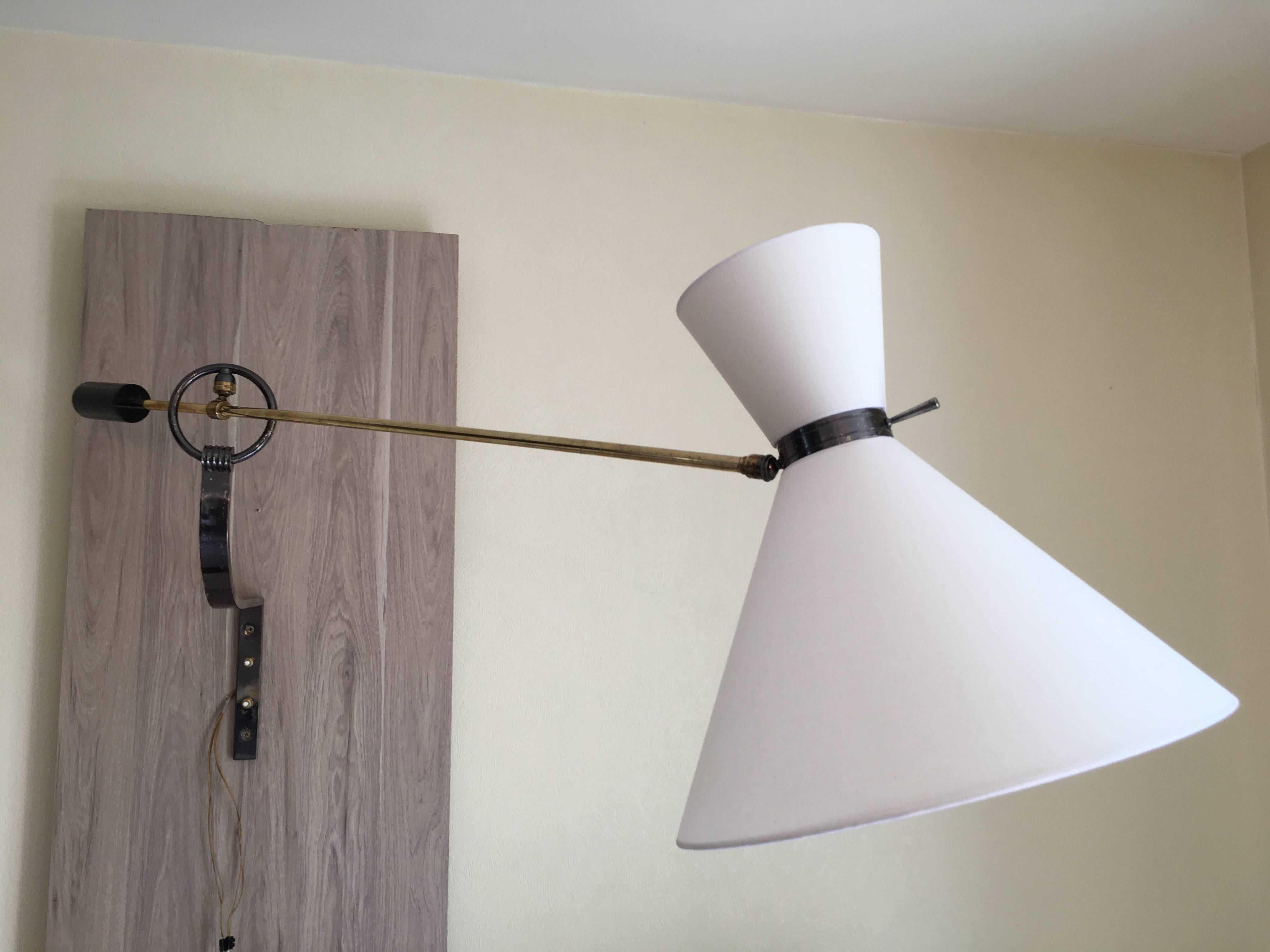 Fabric Lunel 1950s Large Swing Arm Counterbalance Wall Lamp, Gunmetal Patina, French For Sale