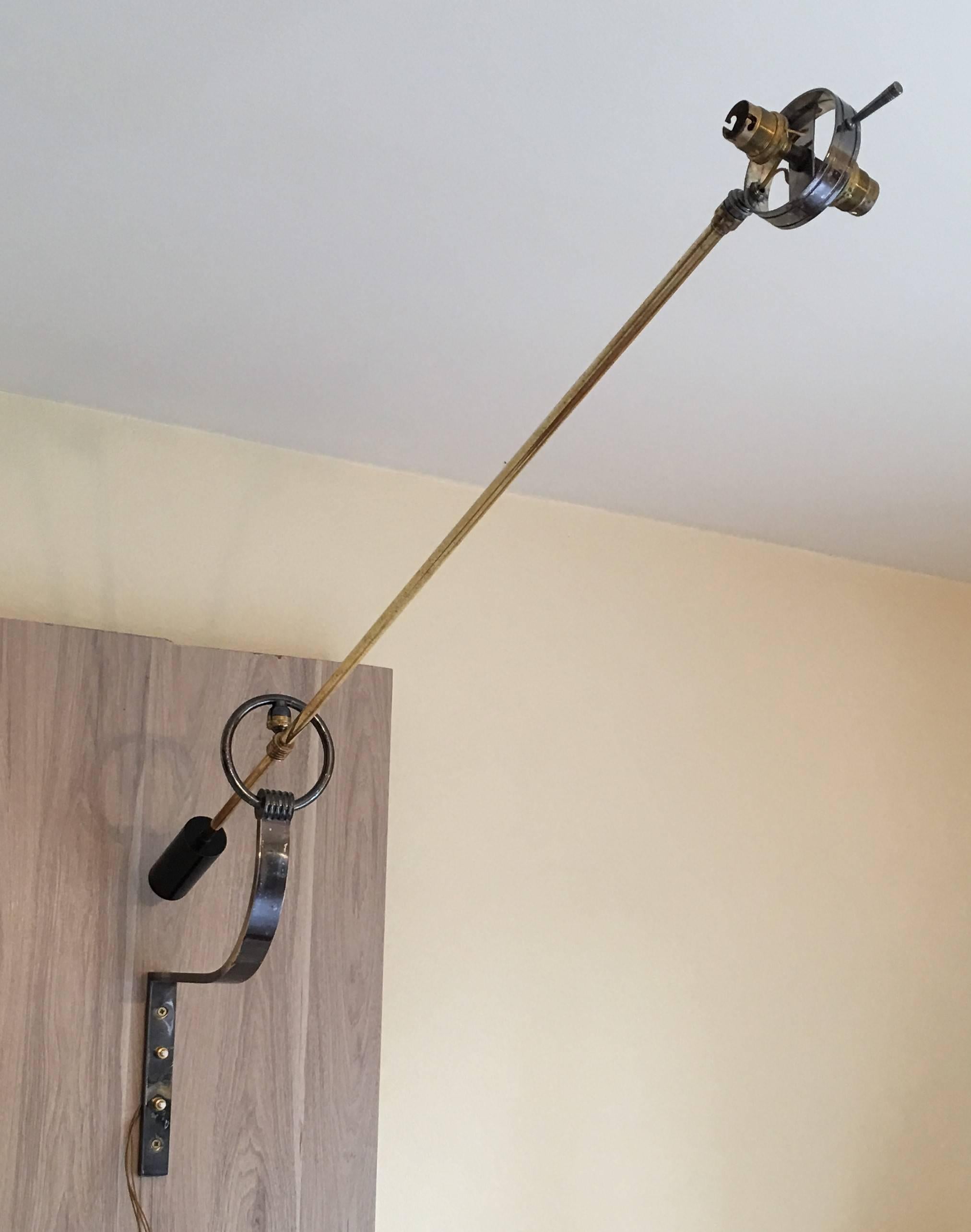 Lunel 1950s Large Swing Arm Counterbalance Wall Lamp, Gunmetal Patina, French For Sale 1