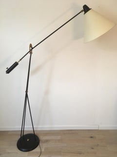 Lunel Black Metal and Brass Floor Lamp, Counterbalance Adjustable Arm, 1950s