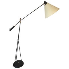 Lunel Black Metal and Brass Floor Lamp, Counterbalance Adjustable Arm, 1950s