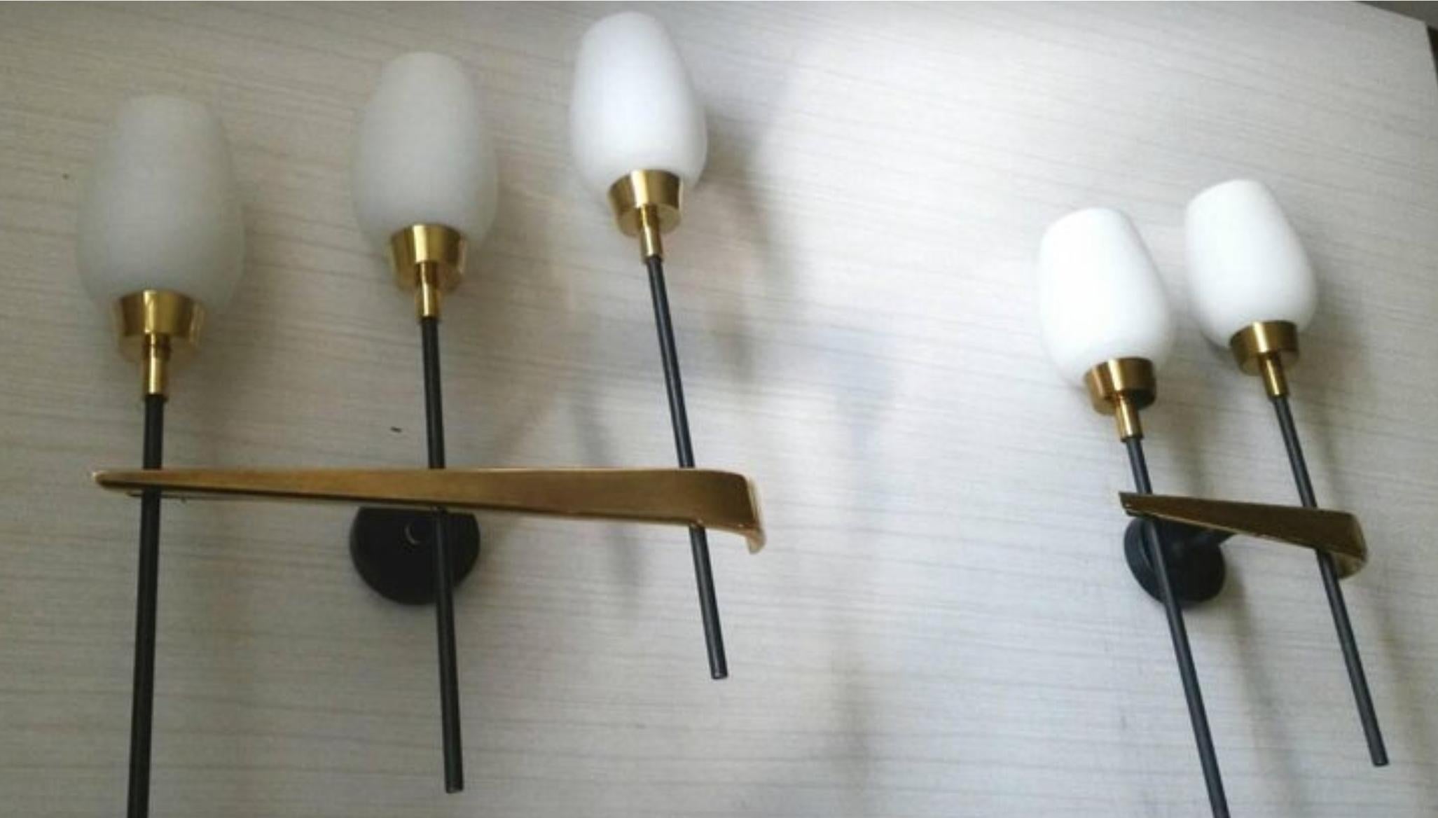 Lacquered Lunel French Mid-Century Modern Pair of Gilt Bronze White Opaline Sconces, 1950 For Sale