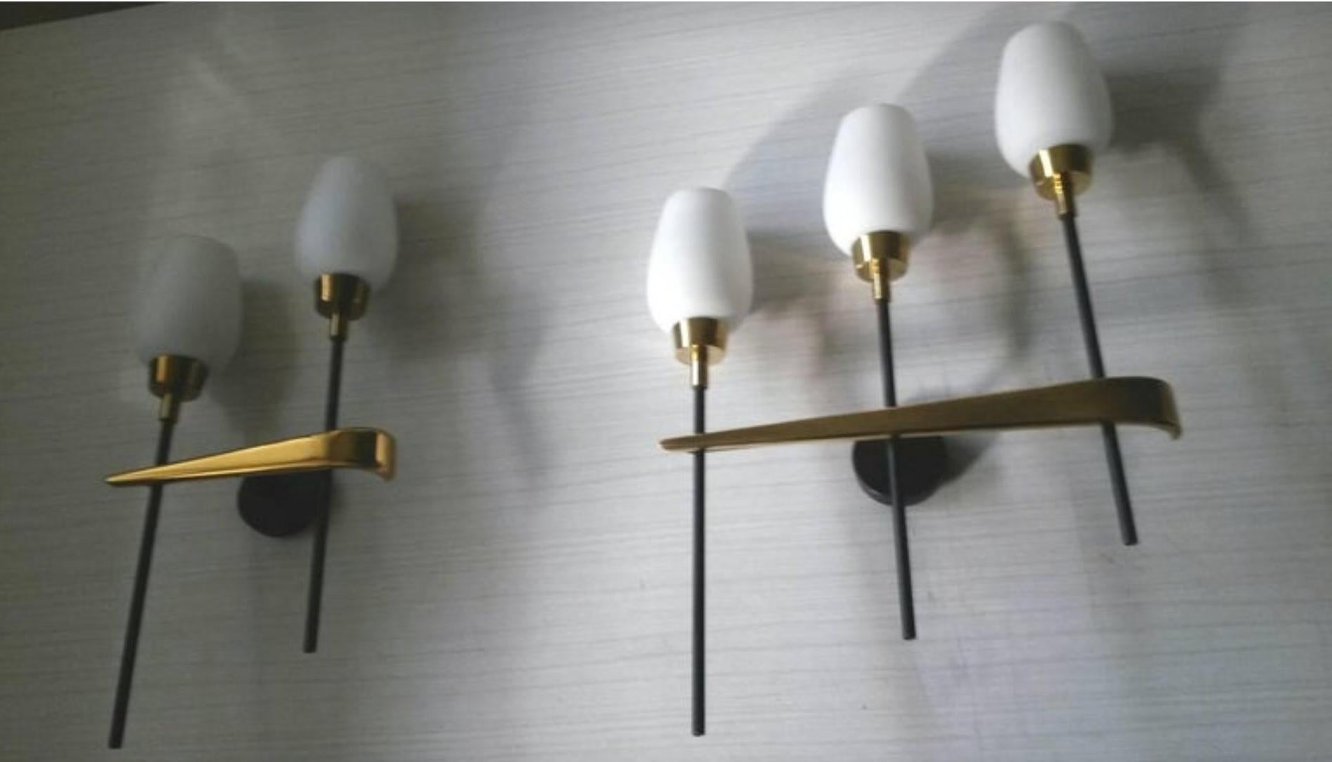 Metal Lunel French Mid-Century Modern Pair of Gilt Bronze White Opaline Sconces, 1950 For Sale