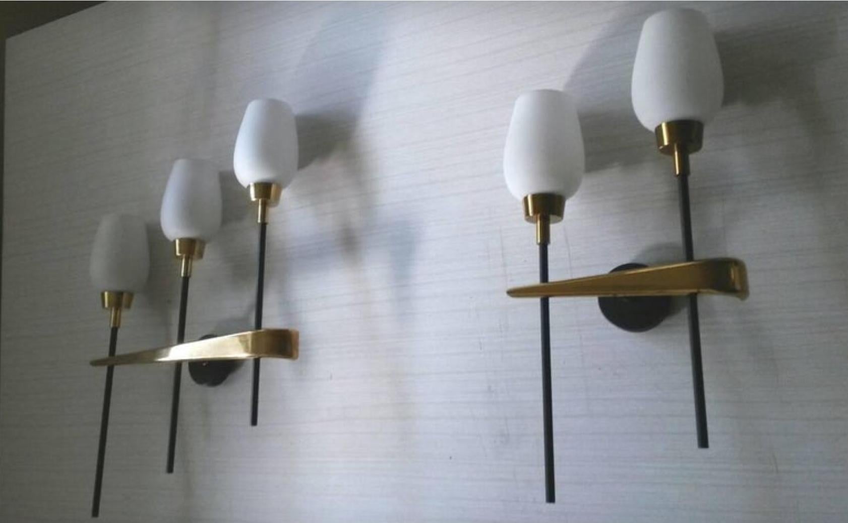 Lunel French Mid-Century Modern Pair of Gilt Bronze White Opaline Sconces, 1950 For Sale 2