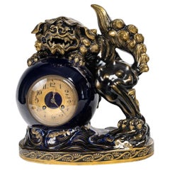 Lunéville Earthenware Clock Representing a Chien de Fô, Circa 1900.