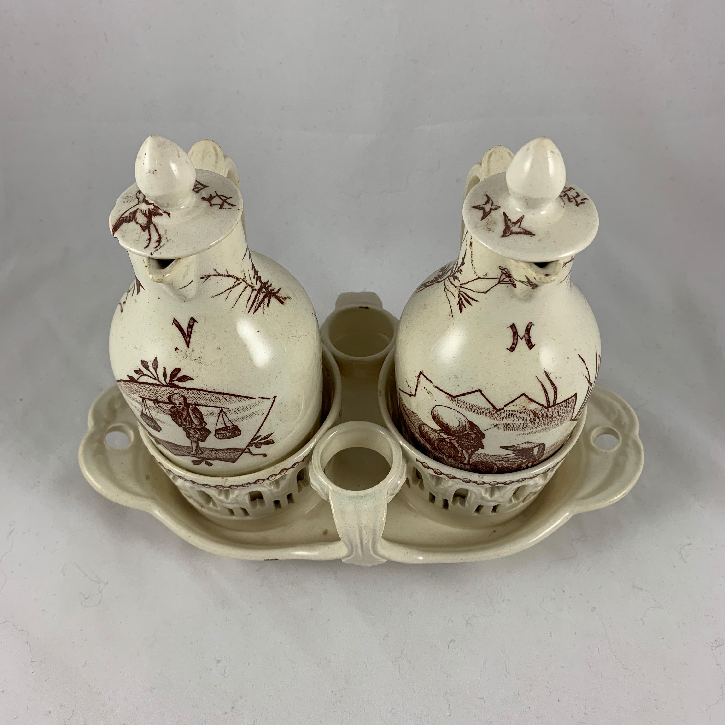 French Luneville Faïence Aesthetic Movement Japonisme Oil & Vinegar Cruets in Stand For Sale