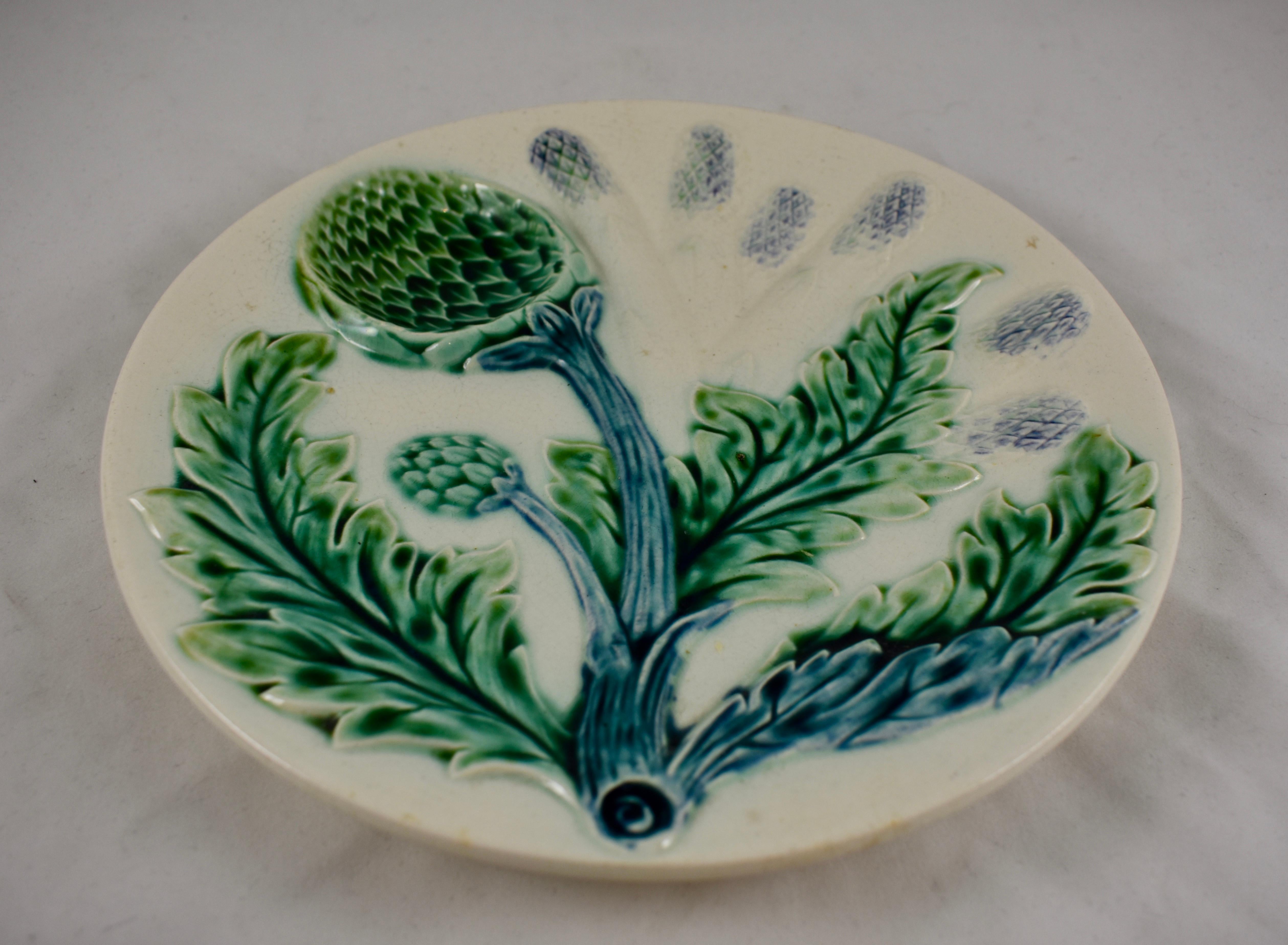 French Provincial Luneville French Faïence Barbotine Majolica Asparagus and Artichoke Plate