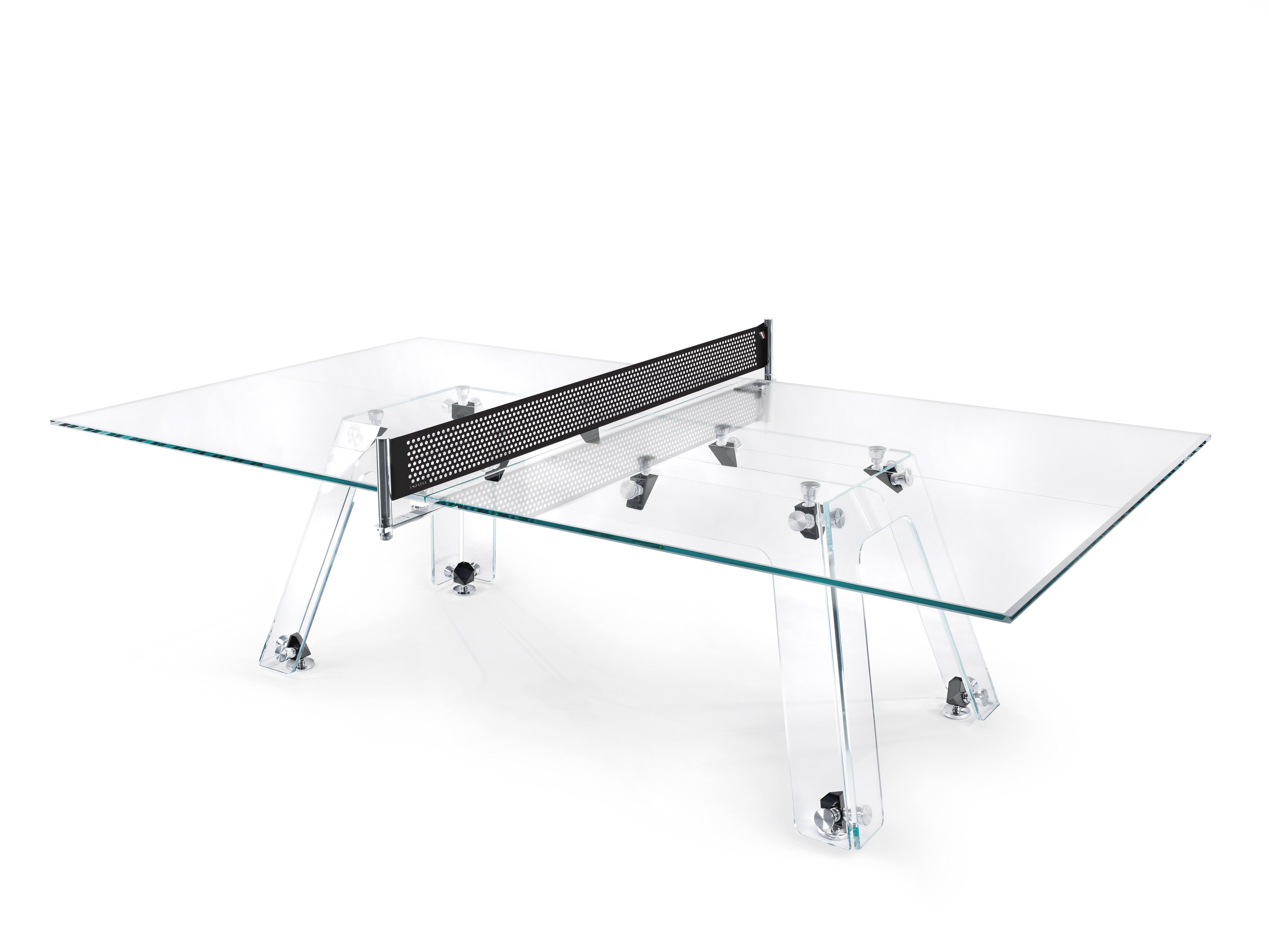 Lungolinea Classic black nickel table tennis by Impatia
Dimensions: D274 x W152.5 x H76 cm
Weight: 220 kg
Material: Low-iron glass, Polished metal components,Chrome connecting joints.
Also Available: Different Colours and Materials.

The idea