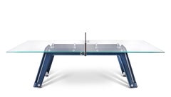 Modern Glass Ping Pong Table With A Blue Leather Base by Impatia