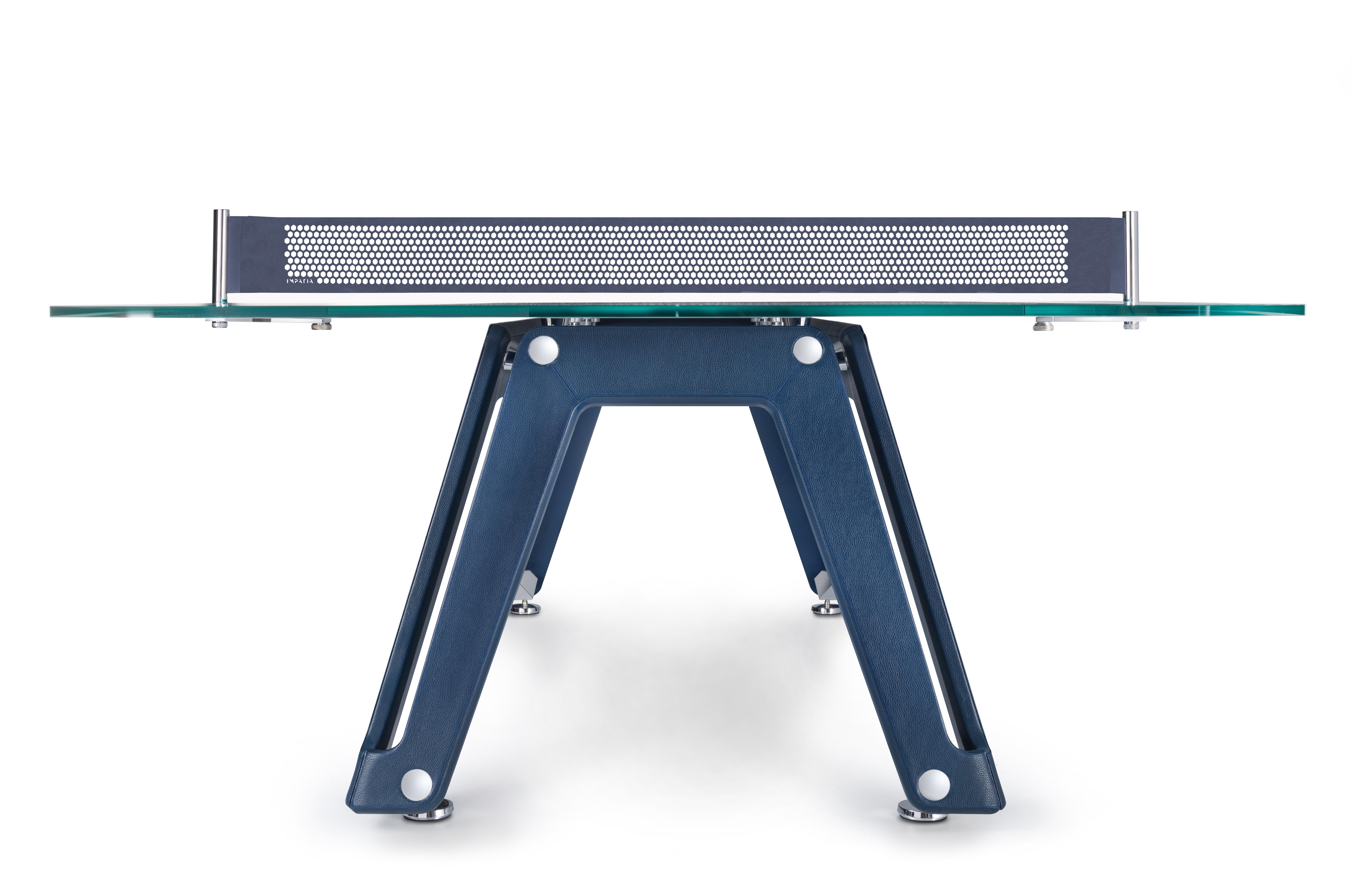 Moderner Ping Pong-Tisch aus Glas mit blauem Ledersockel von Impatia (Italienisch) im Angebot
