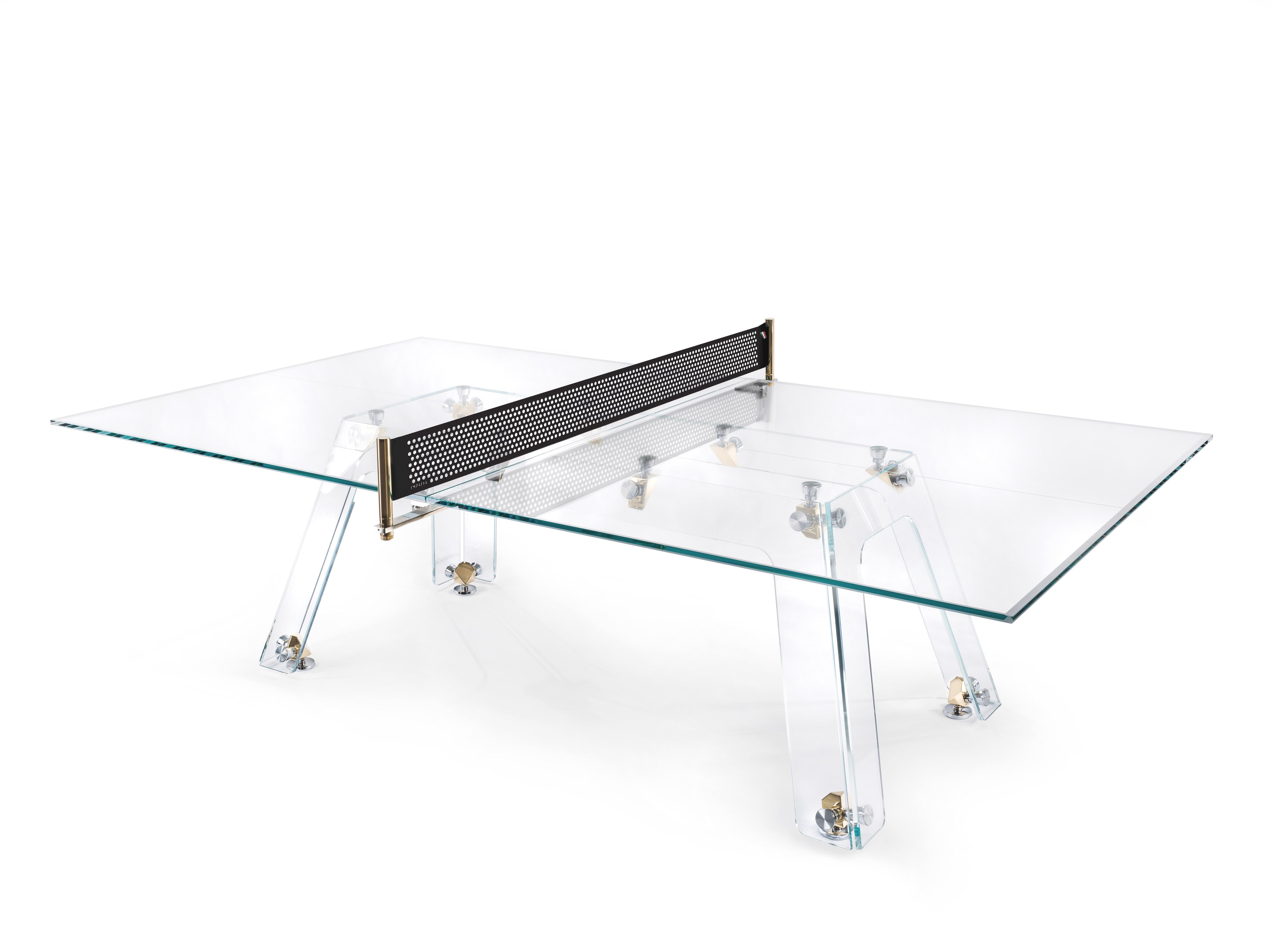 Moderner moderner Ping Pong-Tisch aus Glas mit goldenen Komponenten von Impatia (21. Jahrhundert und zeitgenössisch) im Angebot