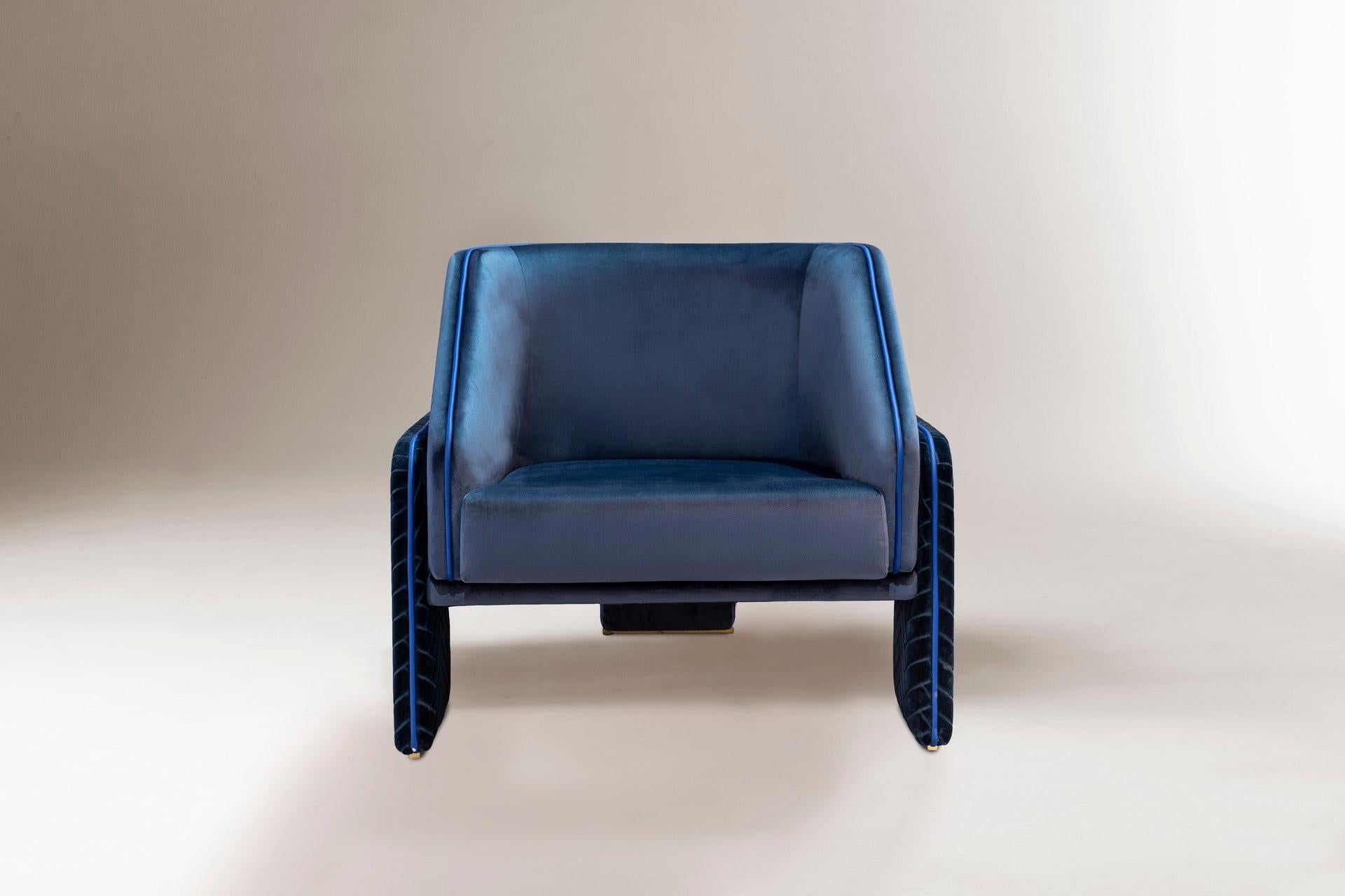 Portuguese DOOQ Bauhaus inspired Armchair L'Unité with Brass Feet, Blue Cotton Velvet For Sale