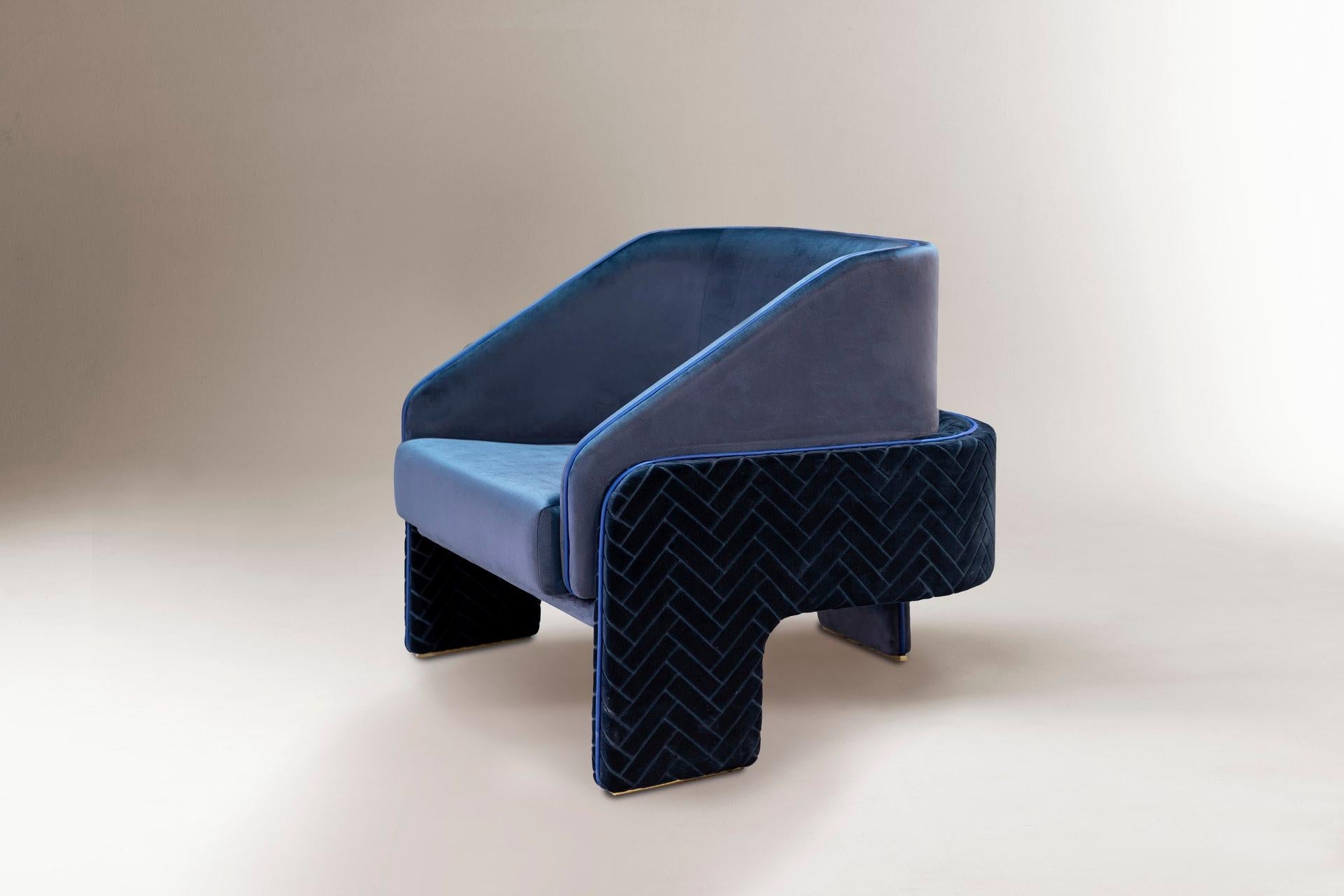 Polished DOOQ Bauhaus inspired Armchair L'Unité with Brass Feet, Blue Cotton Velvet For Sale