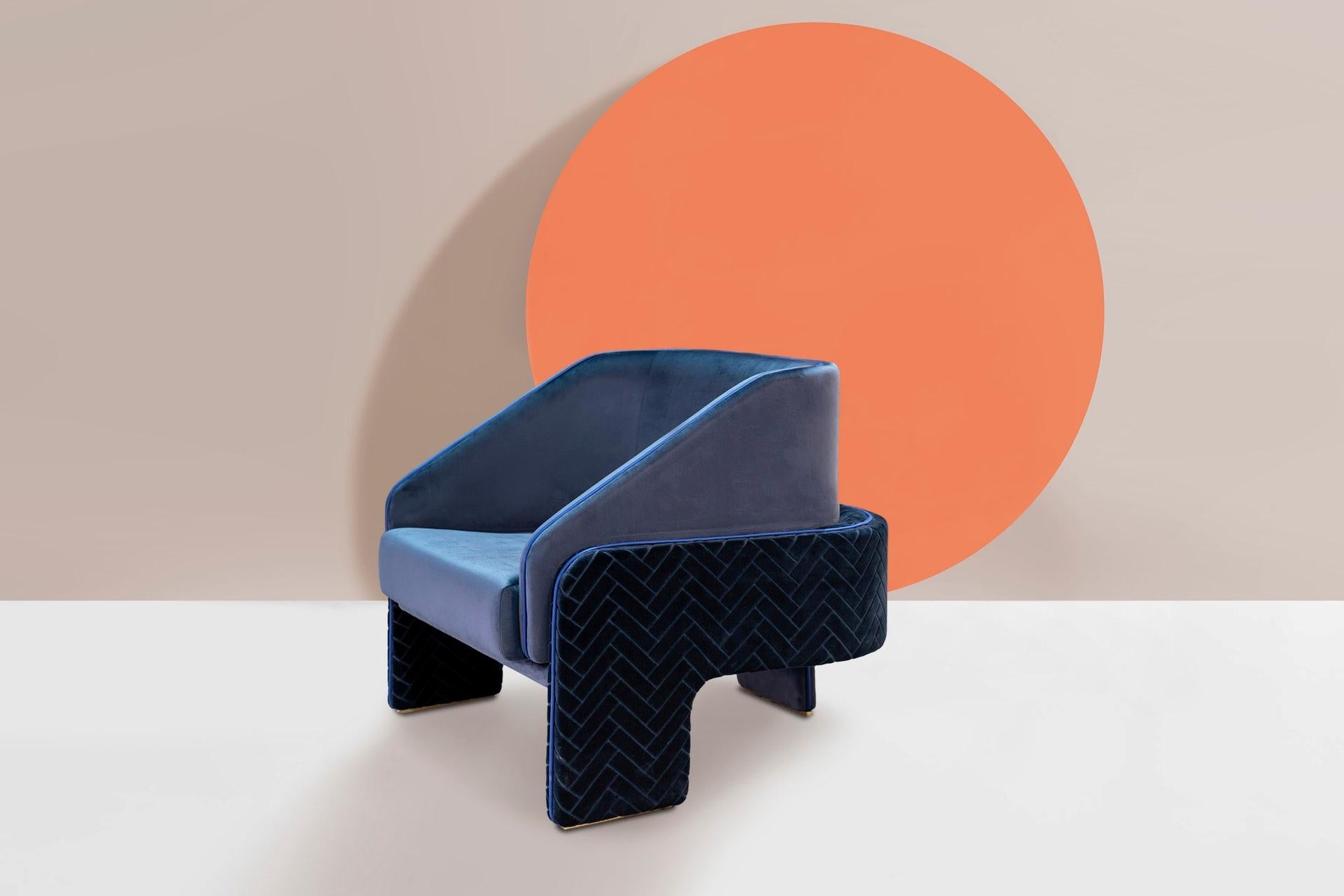 DOOQ Bauhaus inspired Armchair L'Unité with Brass Feet, Blue Cotton Velvet In New Condition For Sale In Lisbon, PT