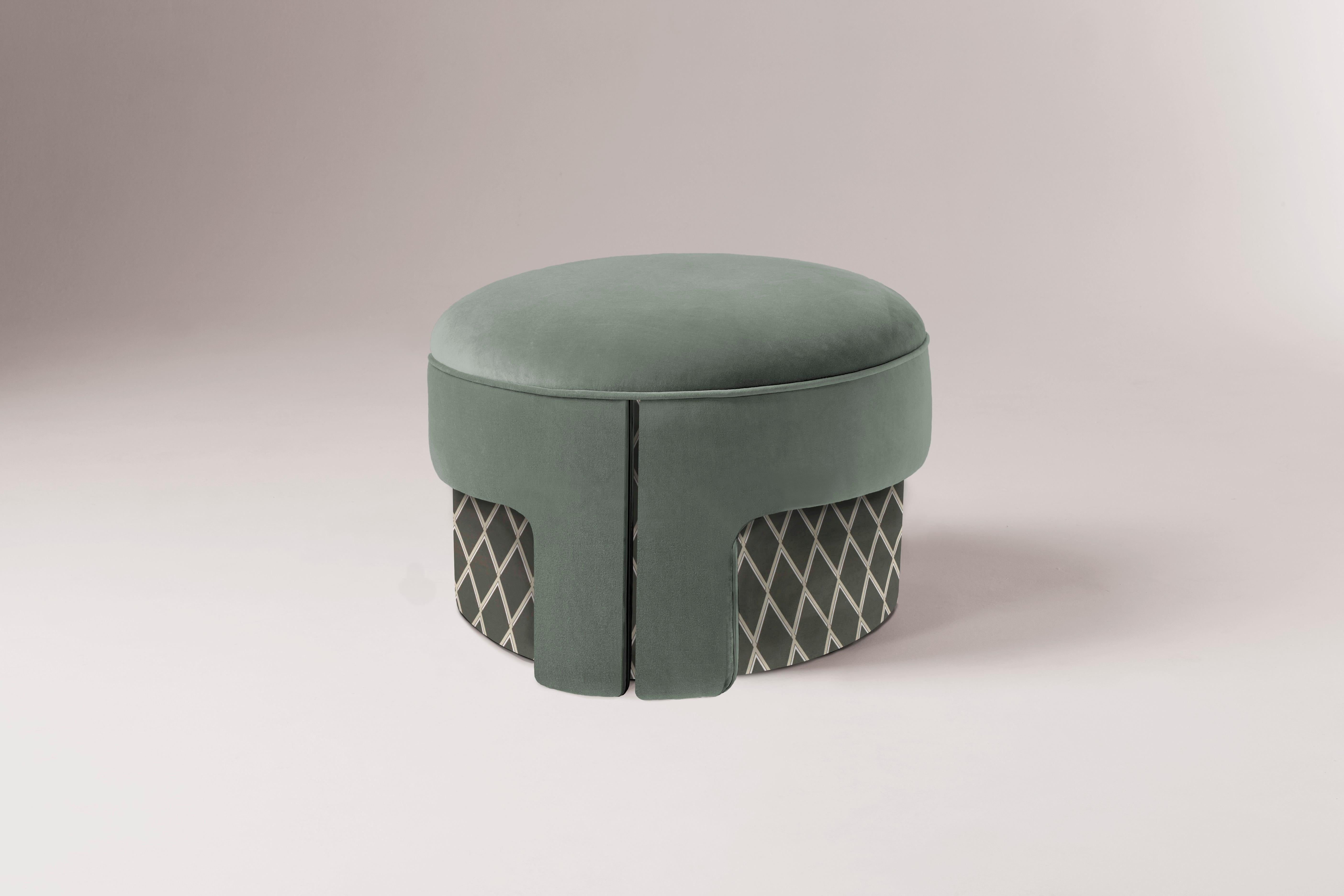 L’unité Pouf by Dooq
Dimensions: Ø 64 x H 44 cm 
Materials: Upholstery and piping fabric or leather

L’Unité armchair is proportional and sculptural, perfectly made to the human scale. It gathers strong upholstered shapes lightly supported on