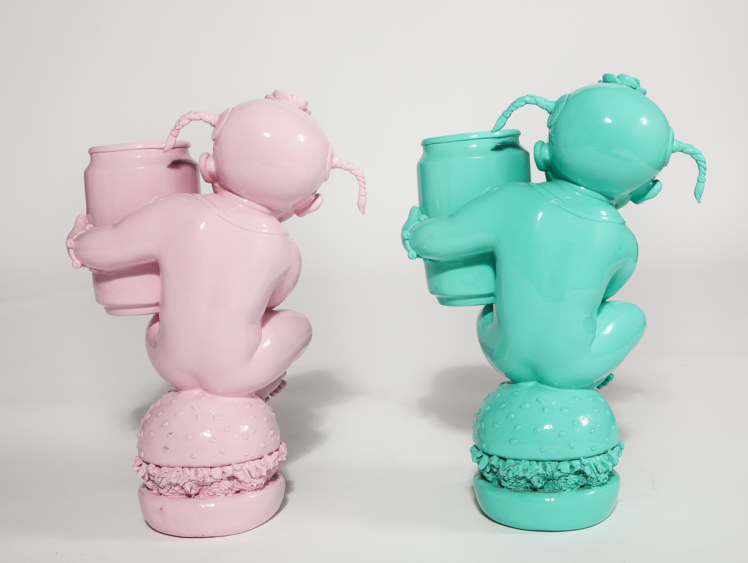 Contemporary Luo Brothers Chinese Lacquer Sculptures, Pink and Turquoise, Pair