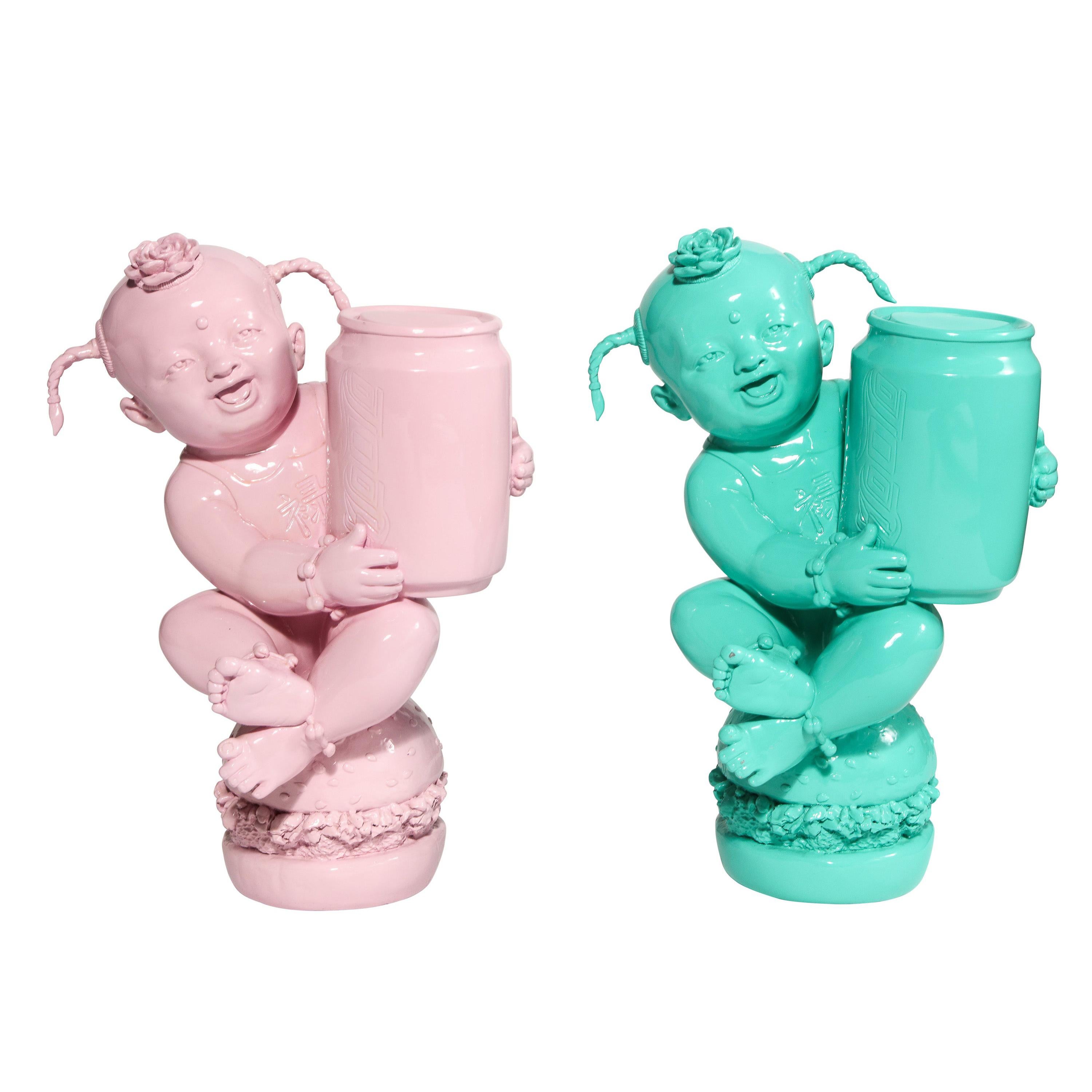 Luo Brothers Chinese Lacquer Sculptures, Pink and Turquoise, Pair