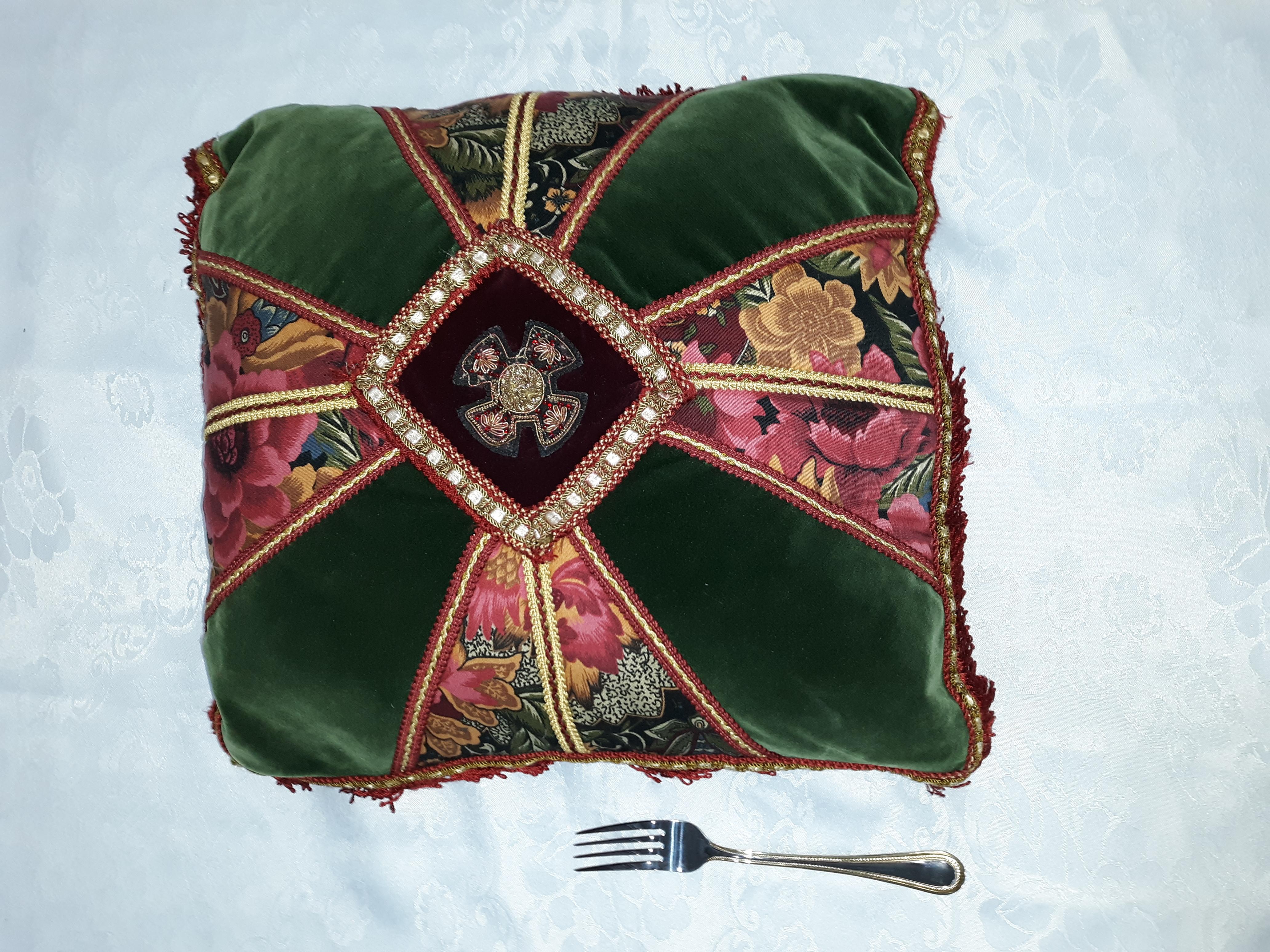 French Luois XVI Antique Embroidered Cushions Est. 1930 Green & Red Velvet For Sale