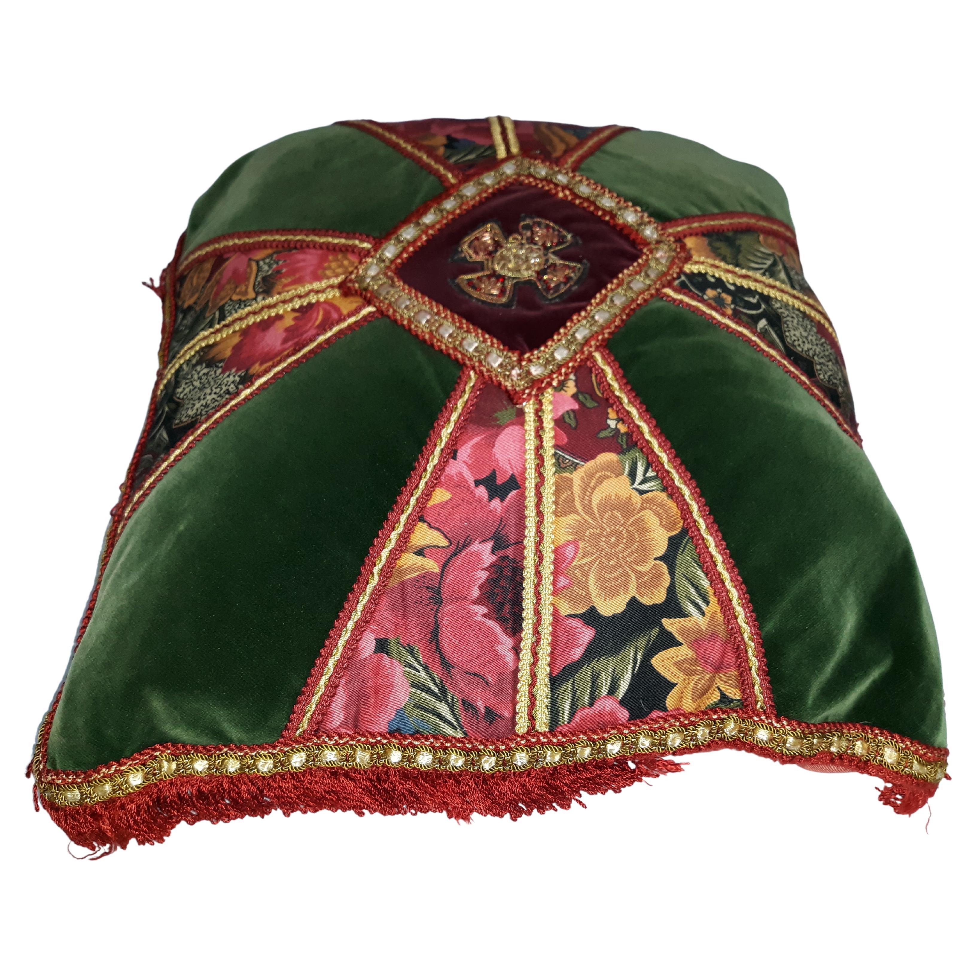 Luois XVI Antique Embroidered Cushions Est. 1930 Green & Red Velvet For Sale
