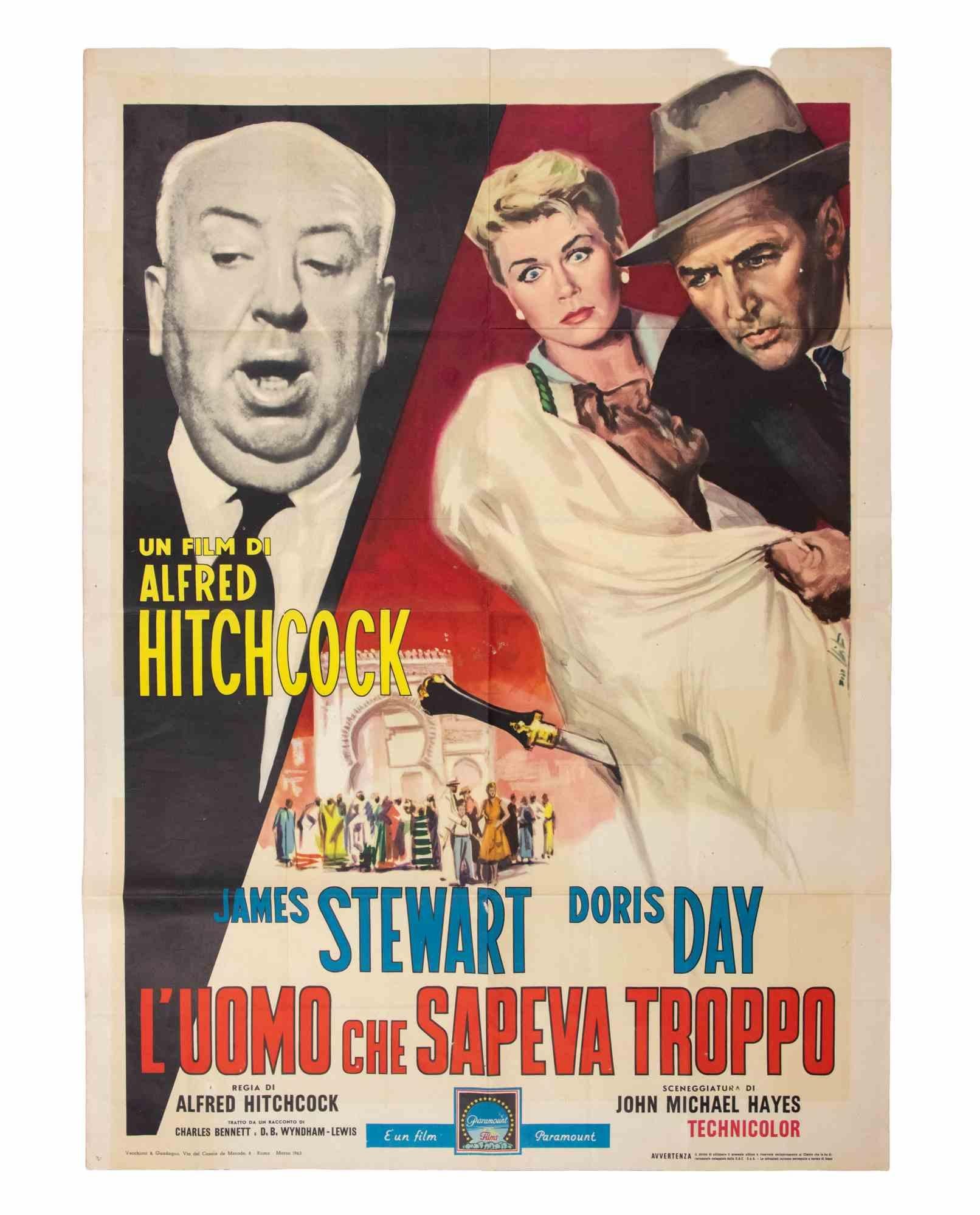 Italienischer 2-Foglio (100 × 140 cm), Paramount.
Unter der Regie von Alfred Hitchcock, mit James Stewart und Doris Day in den Hauptrollen. Gemaltes Kunstwerk von Alfredo Capitani, das ein dramatisches Hitchcock-Porträt mit spannungsgeladenen Szenen