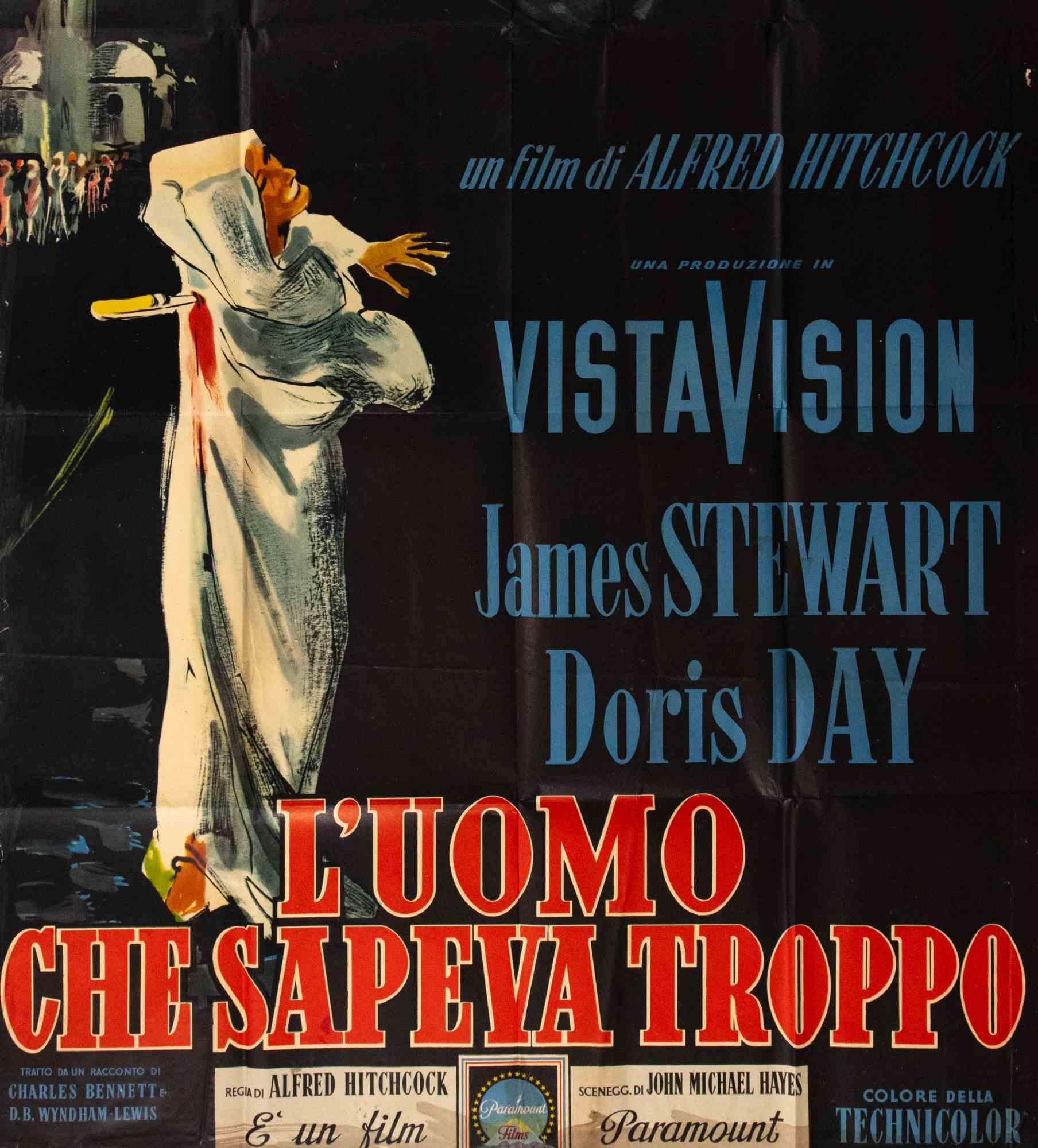 Vintage Poster.

Italian 4-Foglio (140 × 200 cm), Paramount.
Directed by Alfred Hitchcock, starring James Stewart and Doris Day. Dramatic variant design with black background and expressive painted faces. Folded. Condition: B-, heavier fold wear,
