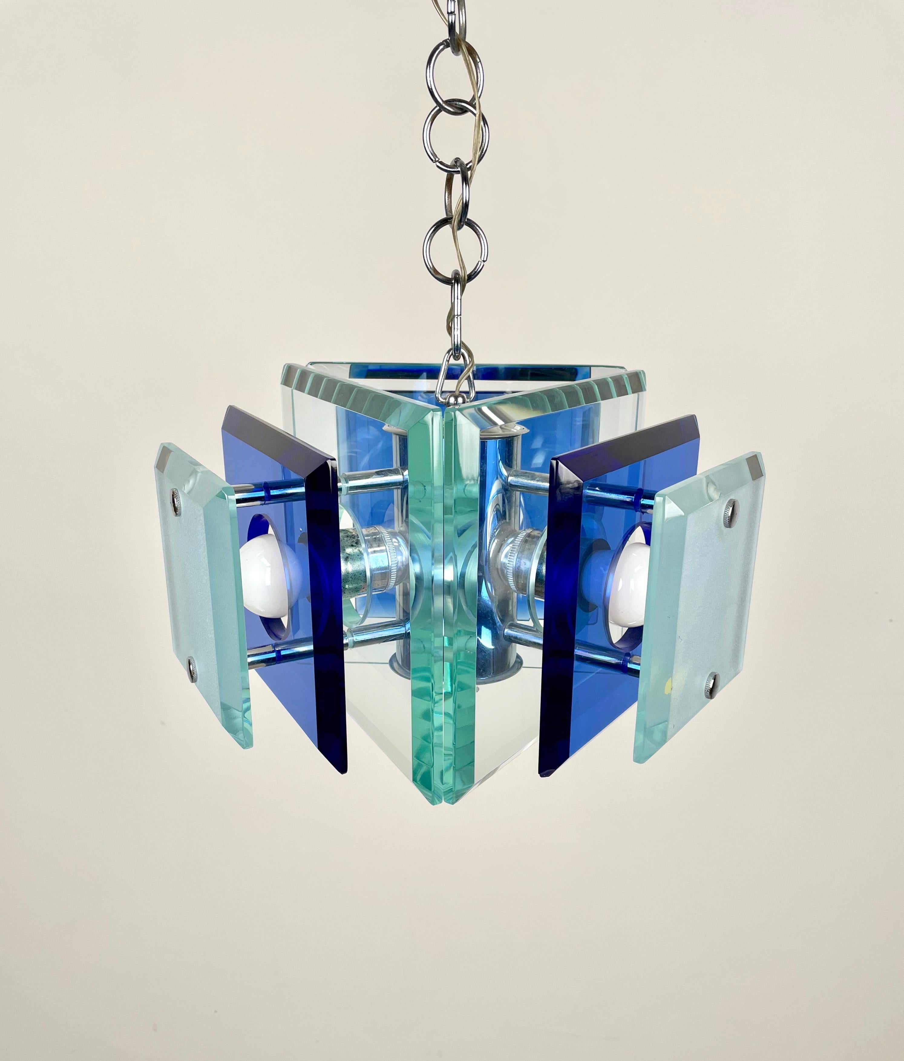 Lupi Cristal Luxor Blue Glass and Chrome Chandelier, Italy, 1970s For Sale 4