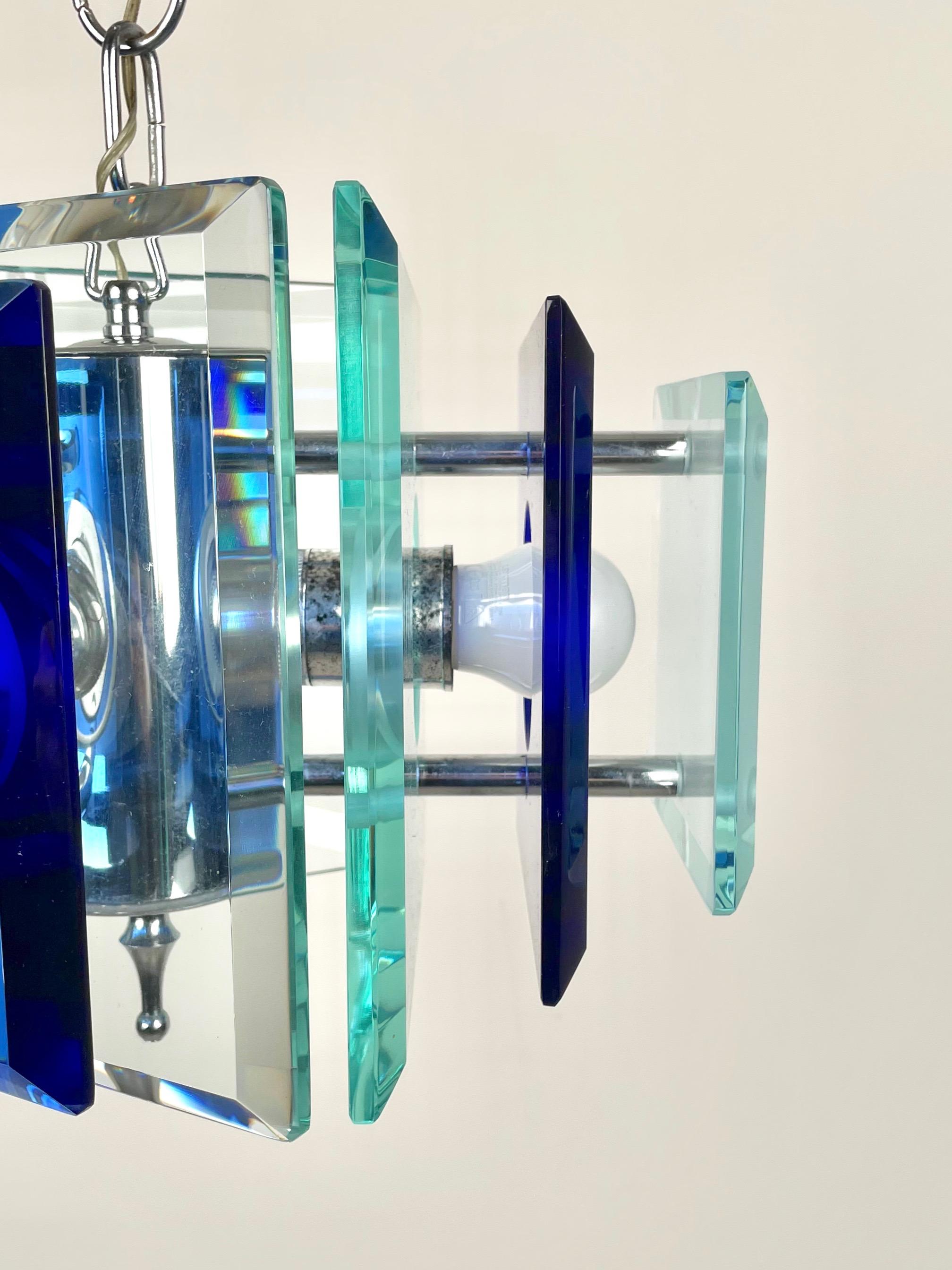 Lupi Cristal Luxor Blue Glass and Chrome Chandelier, Italy, 1970s For Sale 5