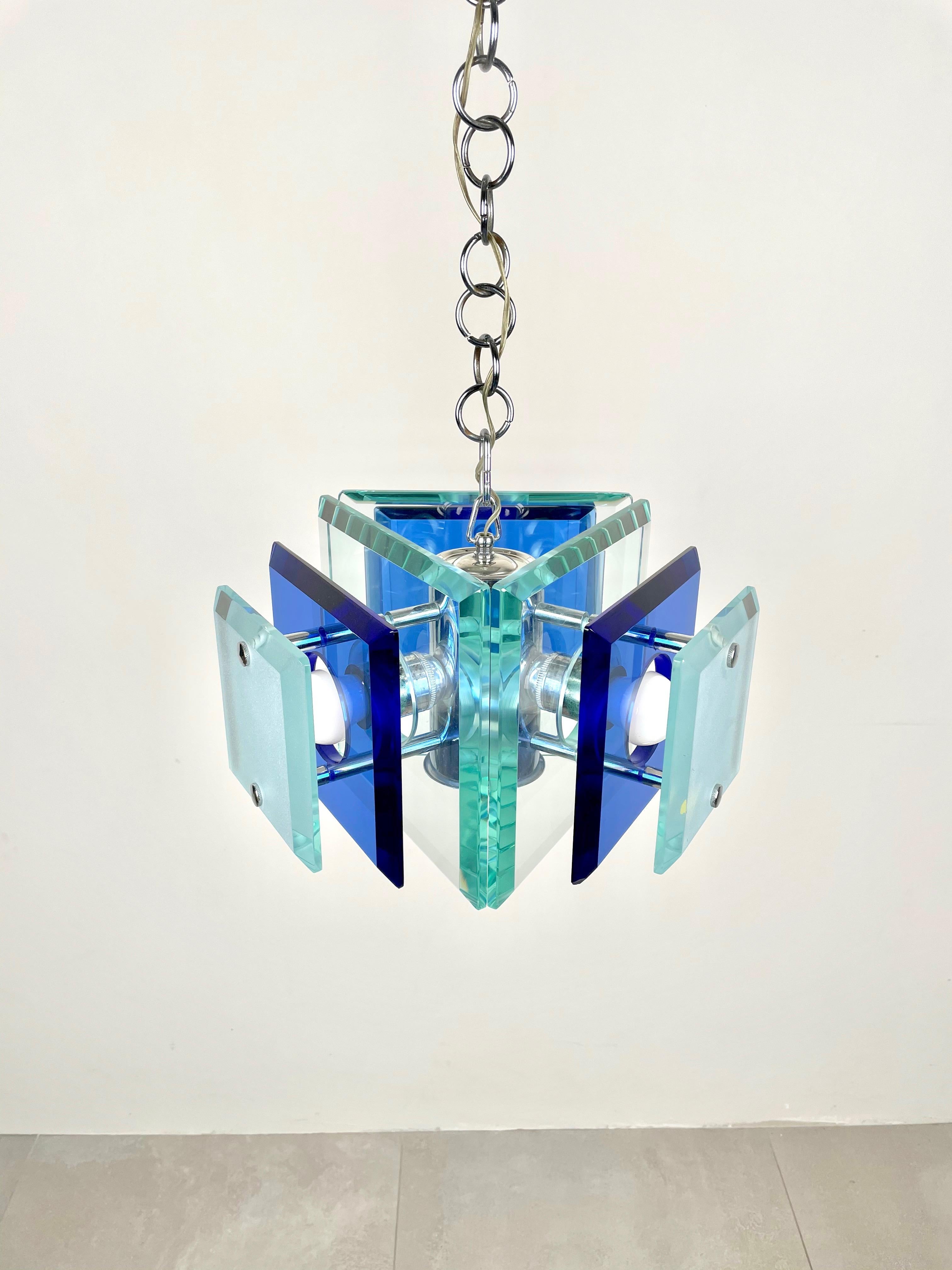 Mid-Century Modern Lupi Cristal Luxor Blue Glass and Chrome Chandelier, Italy, 1970s For Sale