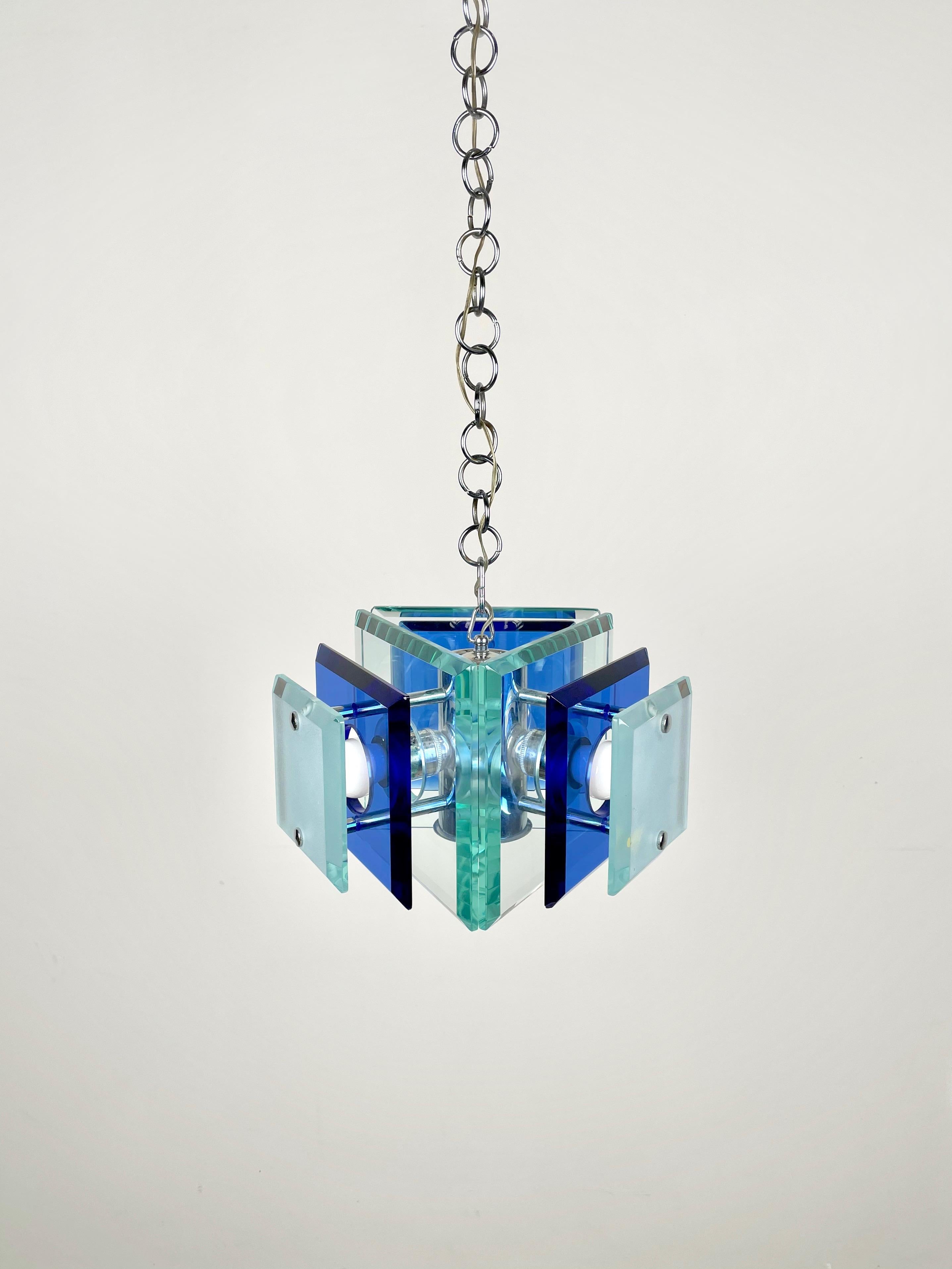 Lupi Cristal Luxor Blue Glass and Chrome Chandelier, Italy, 1970s In Good Condition For Sale In Rome, IT