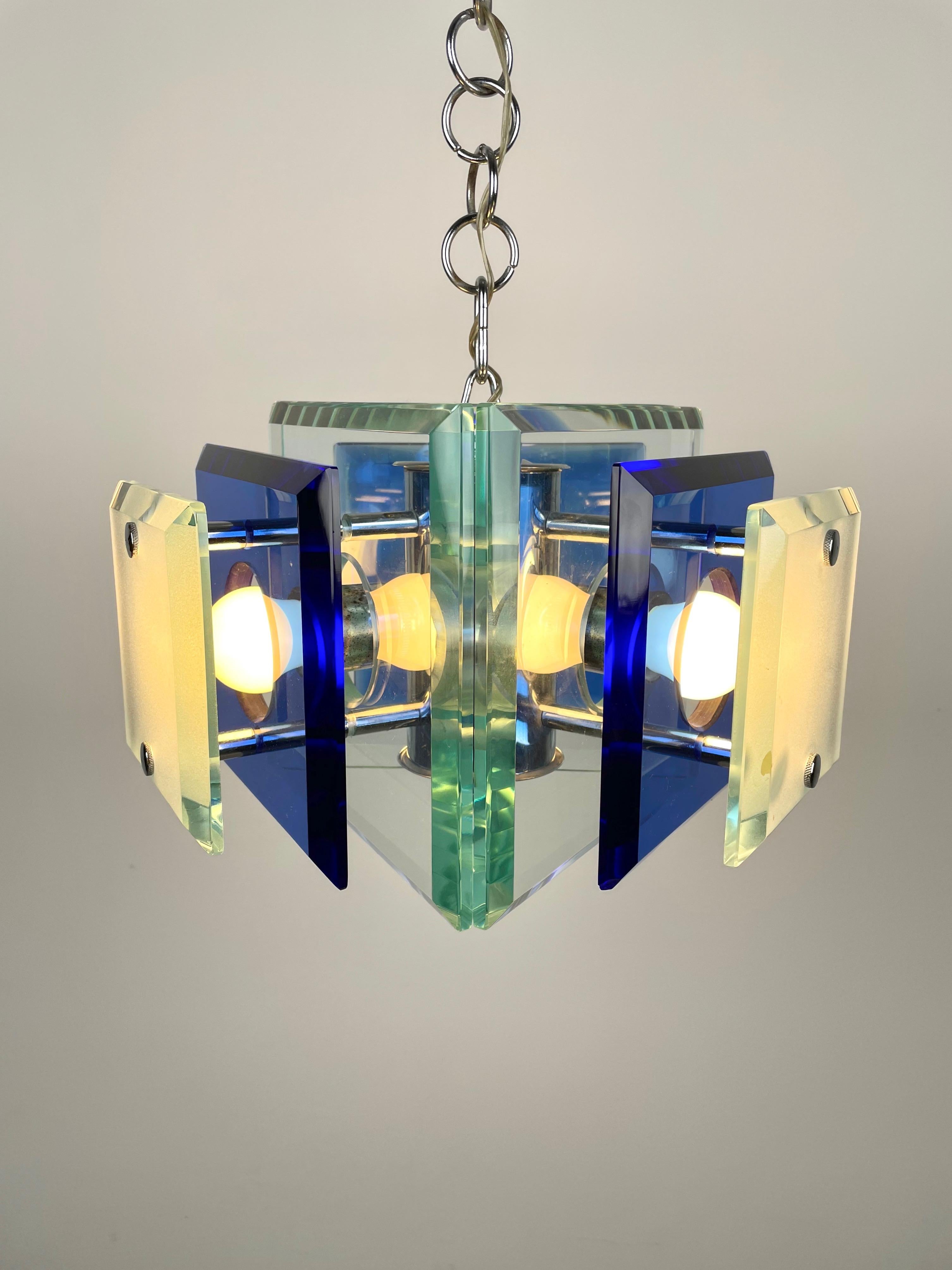 Late 20th Century Lupi Cristal Luxor Blue Glass and Chrome Chandelier, Italy, 1970s For Sale
