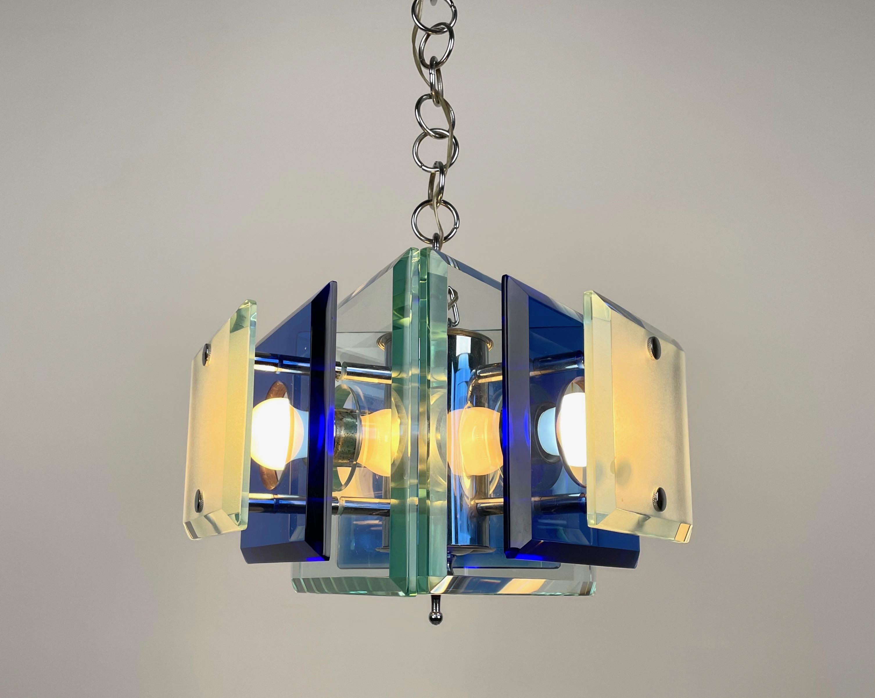 Lupi Cristal Luxor Blue Glass and Chrome Chandelier, Italy, 1970s For Sale 1