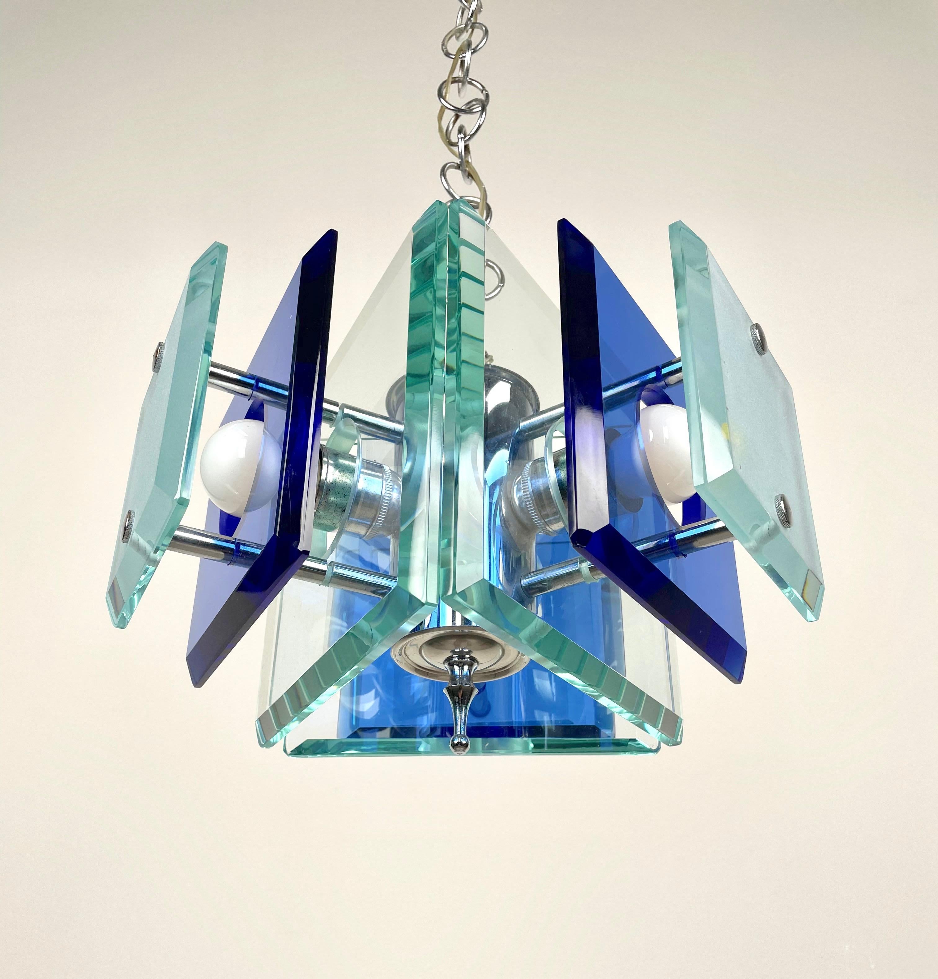 Lupi Cristal Luxor Blue Glass and Chrome Chandelier, Italy, 1970s For Sale 2