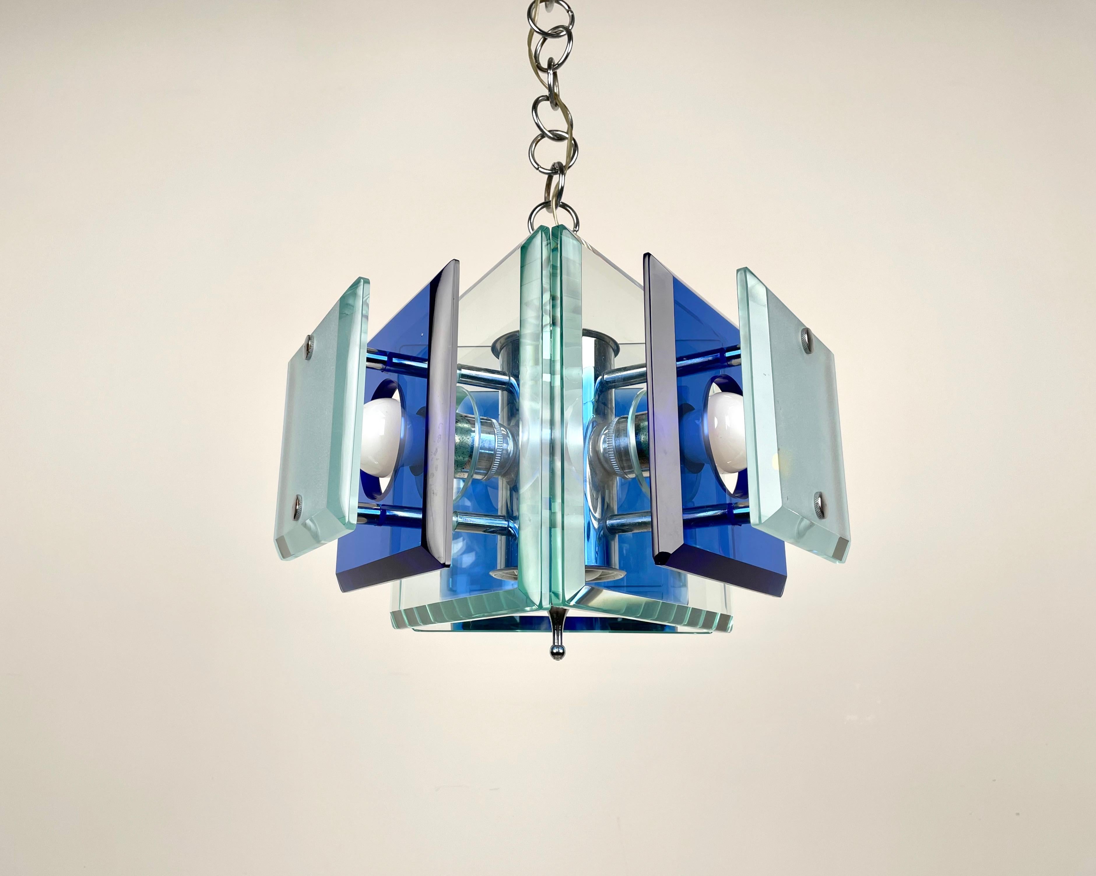 Lupi Cristal Luxor Blue Glass and Chrome Chandelier, Italy, 1970s For Sale 3