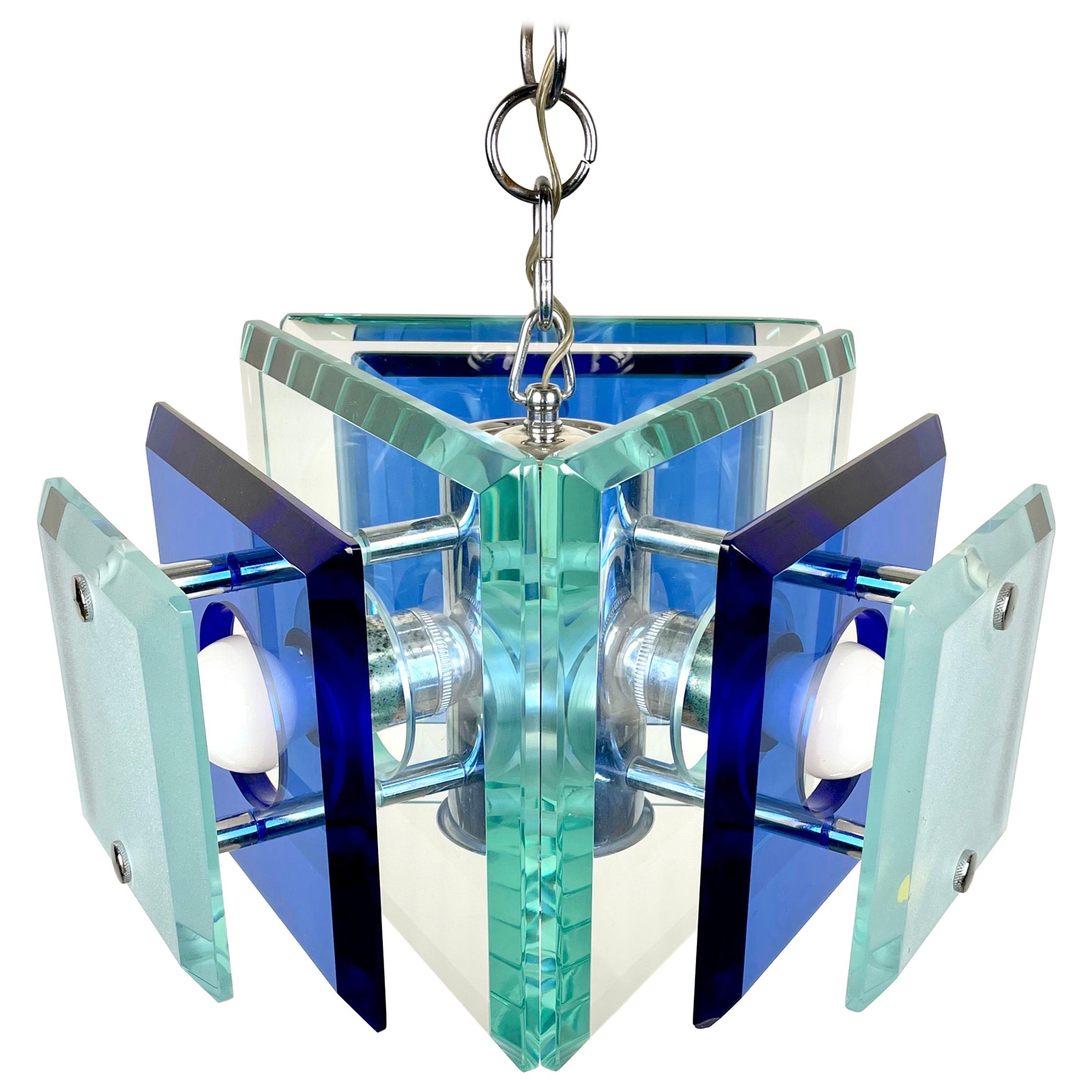 Lupi Cristal Luxor Blue Glass and Chrome Chandelier, Italy, 1970s