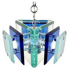 Vintage Lupi Cristal Luxor Blue Glass and Chrome Chandelier, Italy, 1970s