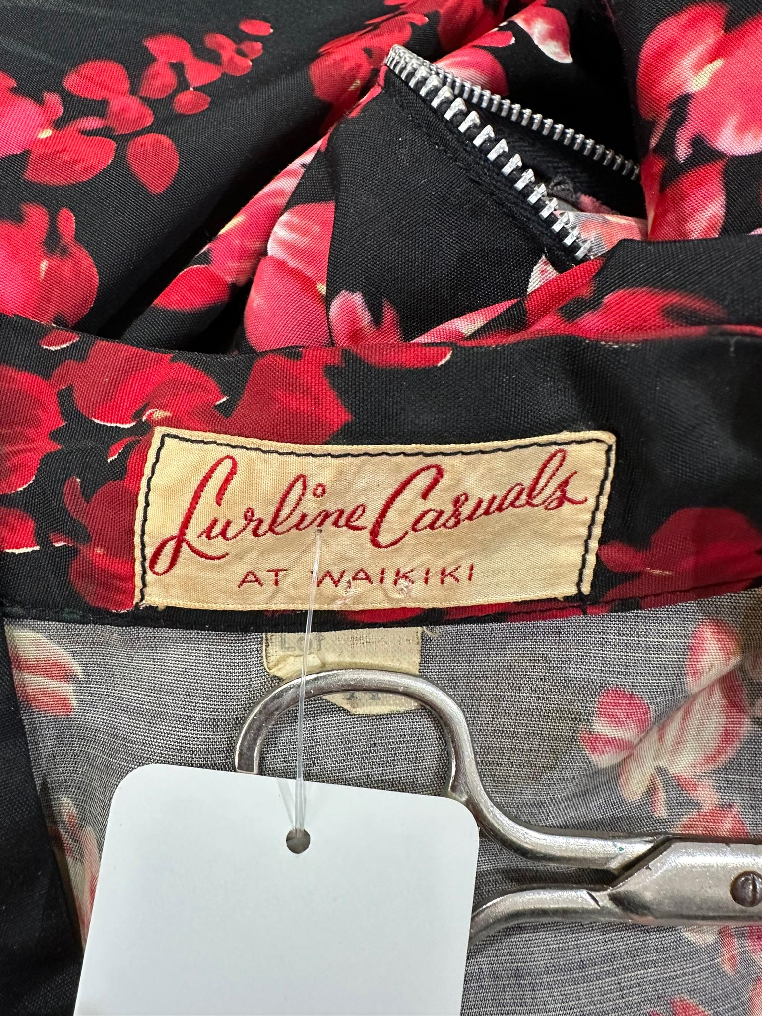 Lurline Casuals Waikiki Hawaiian Pake Muu Dress Bleeding Hearts Black Red 1950s For Sale 9