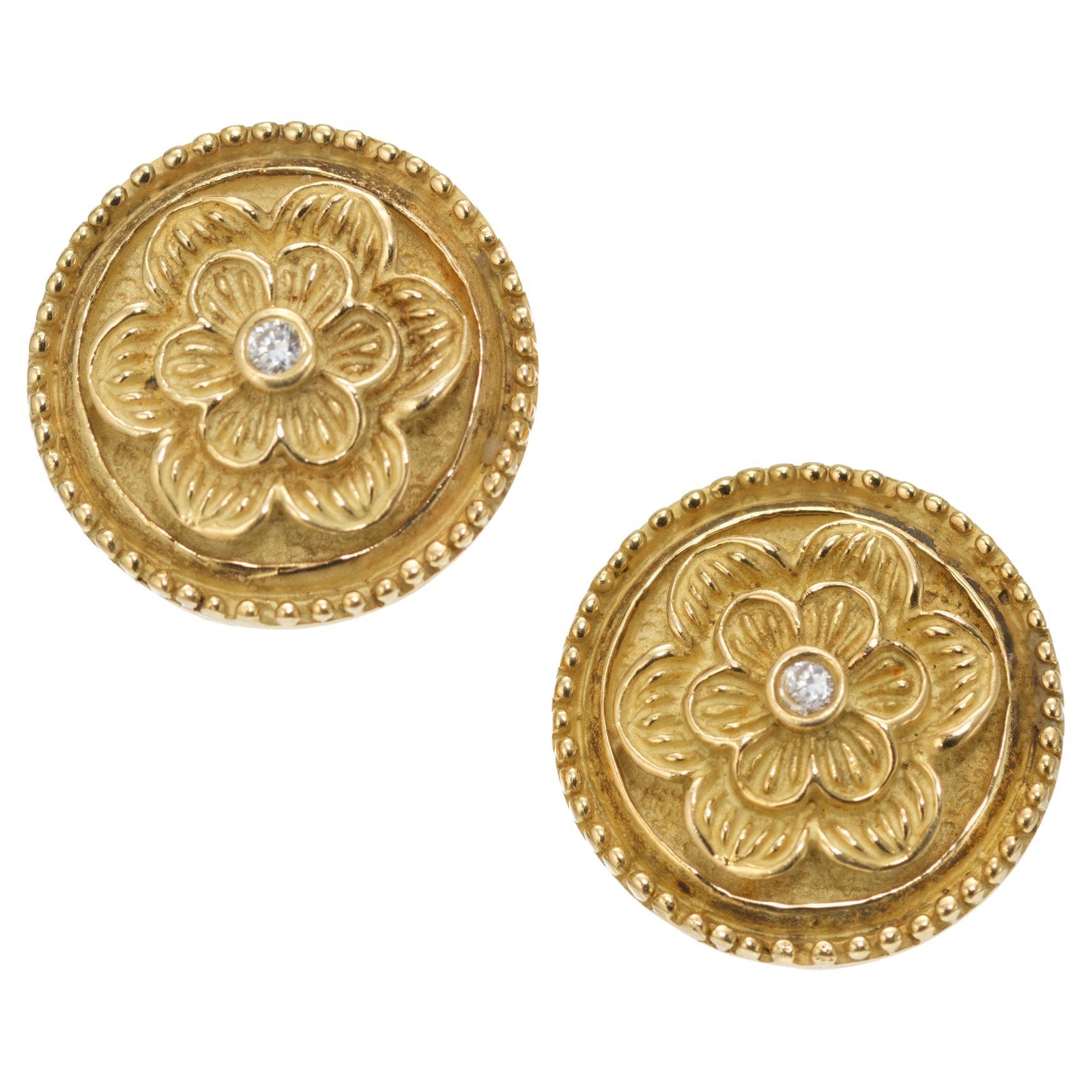 Luro Diamond Green Gold Flower Button Style Earrings For Sale
