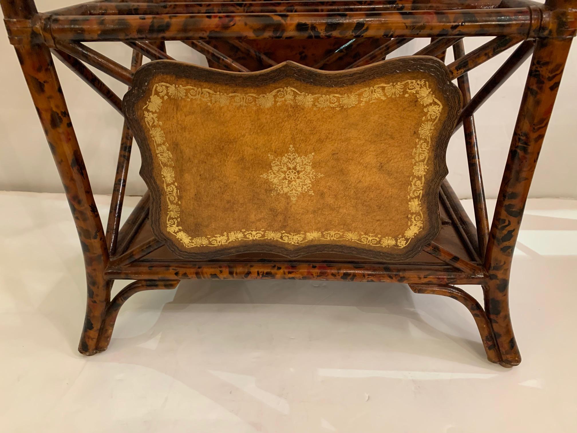 Late 20th Century Luscious Caramel Tooled Leather and Bamboo Canterbury Side Table