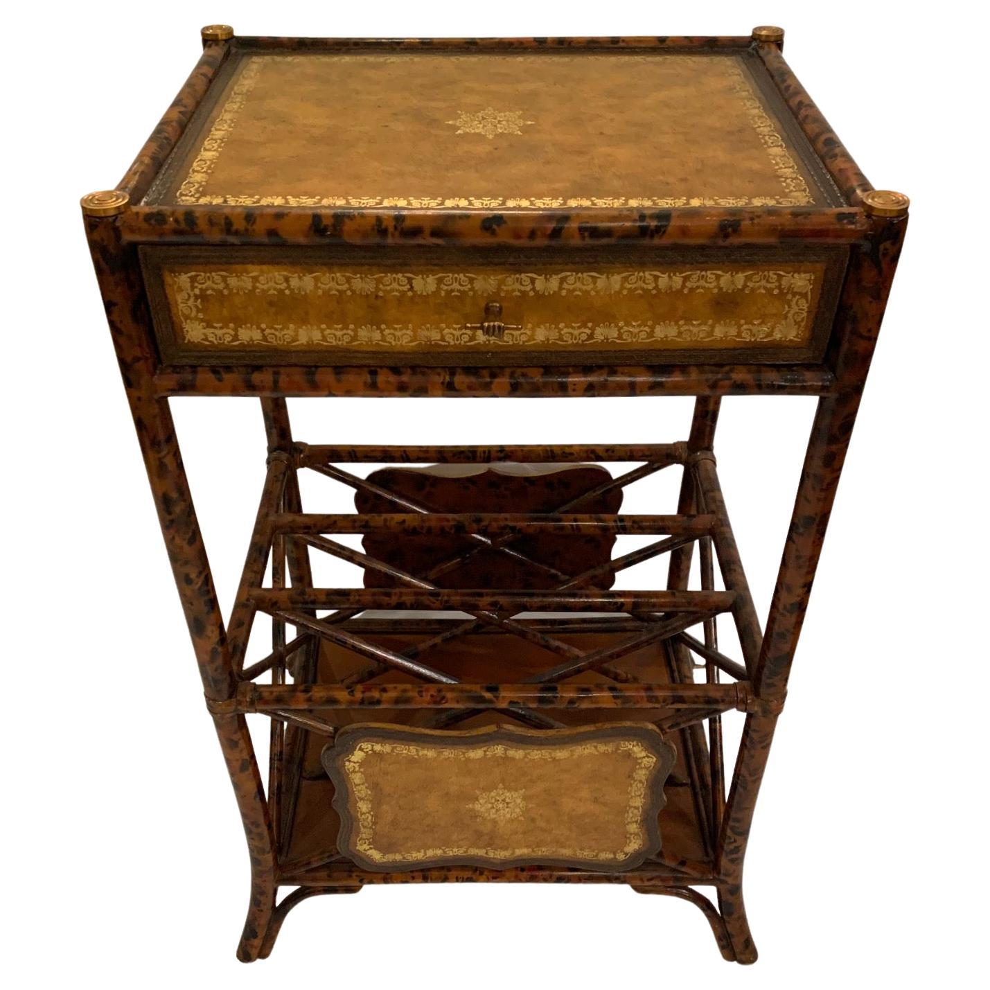 Luscious Caramel Tooled Leather and Bamboo Canterbury Side Table