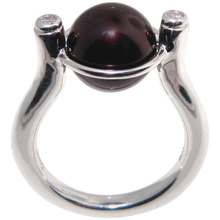 Round Cut Luscious Chocolate Pearl and Diamond Cocktail Ring Estate Fine Jewelry For Sale