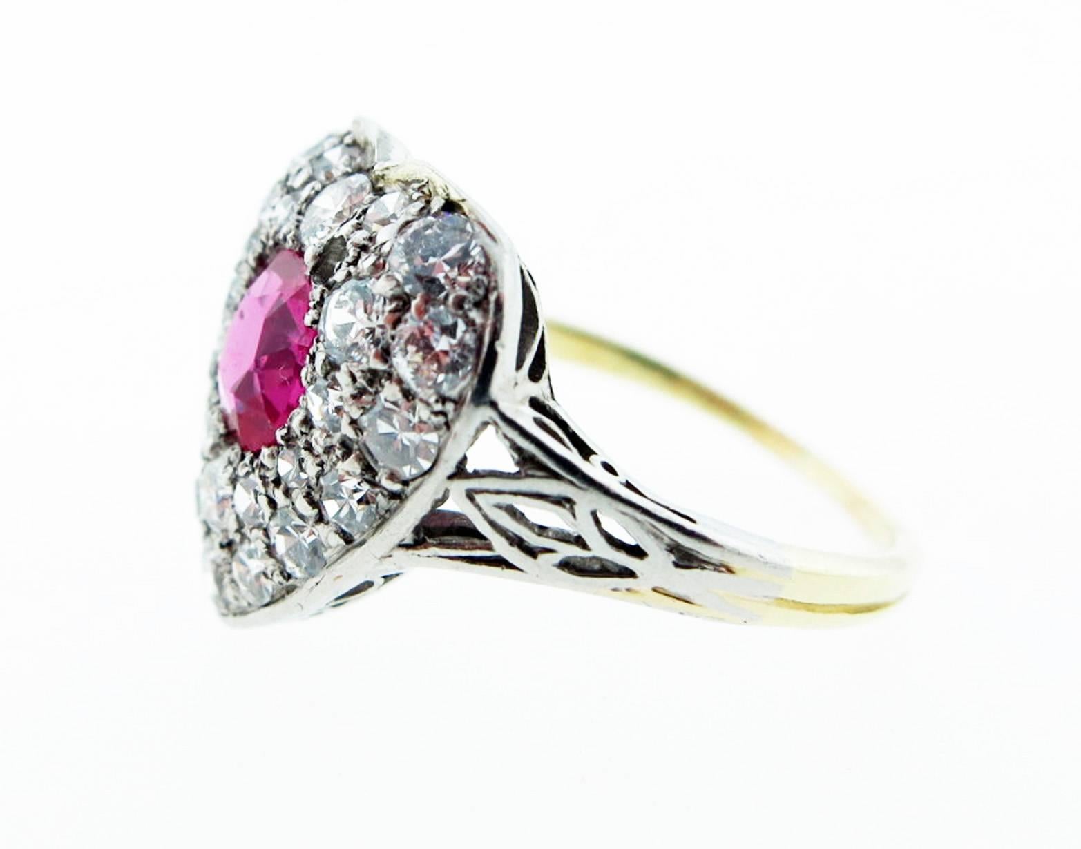 Old European Cut Luscious Edwardian Gem Color Natural Ruby and Diamond Ring For Sale