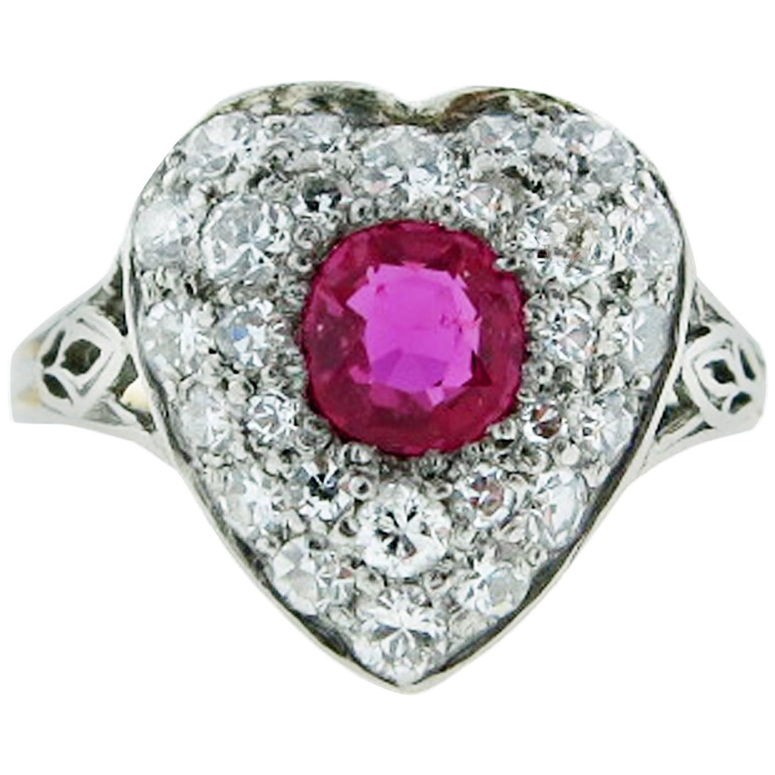 Luscious Edwardian Gem Color Natural Ruby and Diamond Ring For Sale