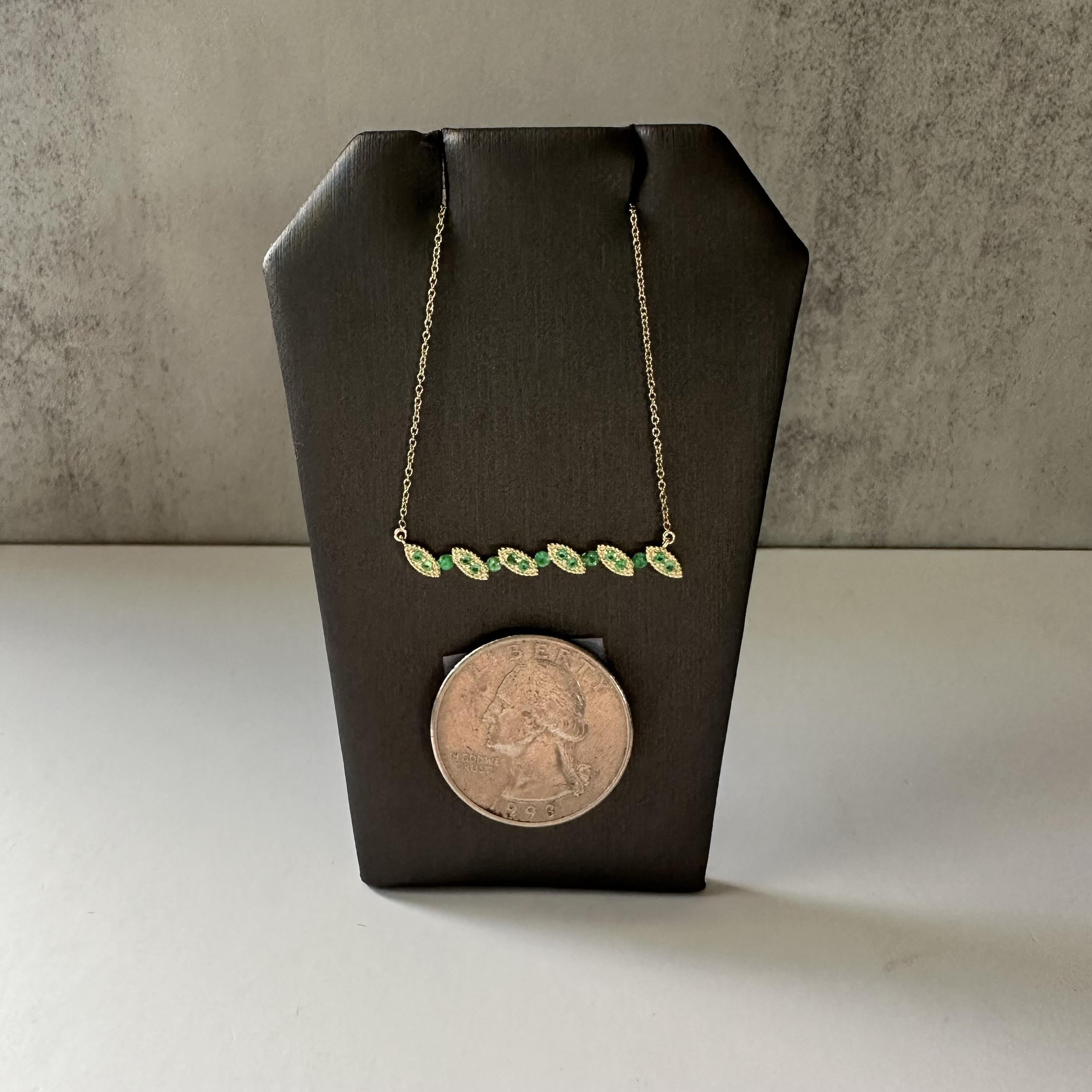 Luscious Green Emerald Necklace in 10kt Yellow Gold, New In New Condition For Sale In West Hempstead, NY