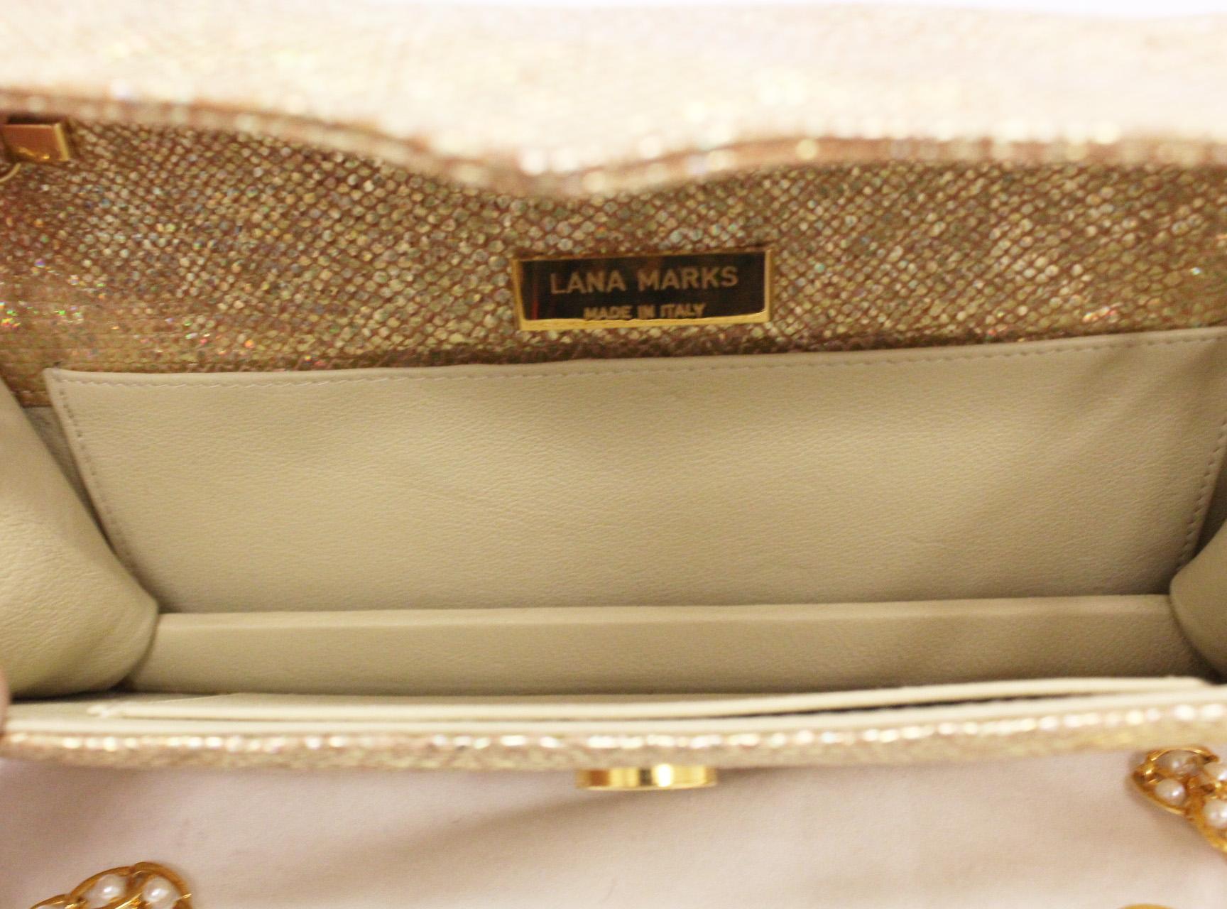 Women's Luscious Lana Marks Gold Glitter Clutch with Gold Tone and Faux Pearl Chain