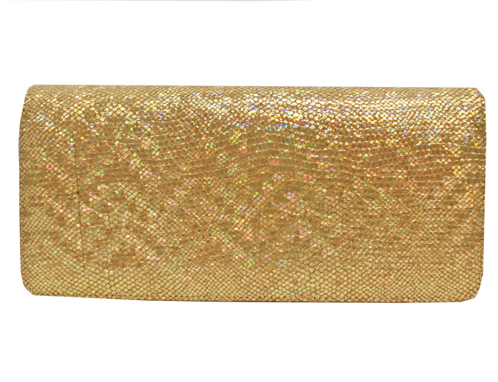 Brown Luscious Lana Marks Gold Glitter Clutch with Gold Tone and Faux Pearl Chain
