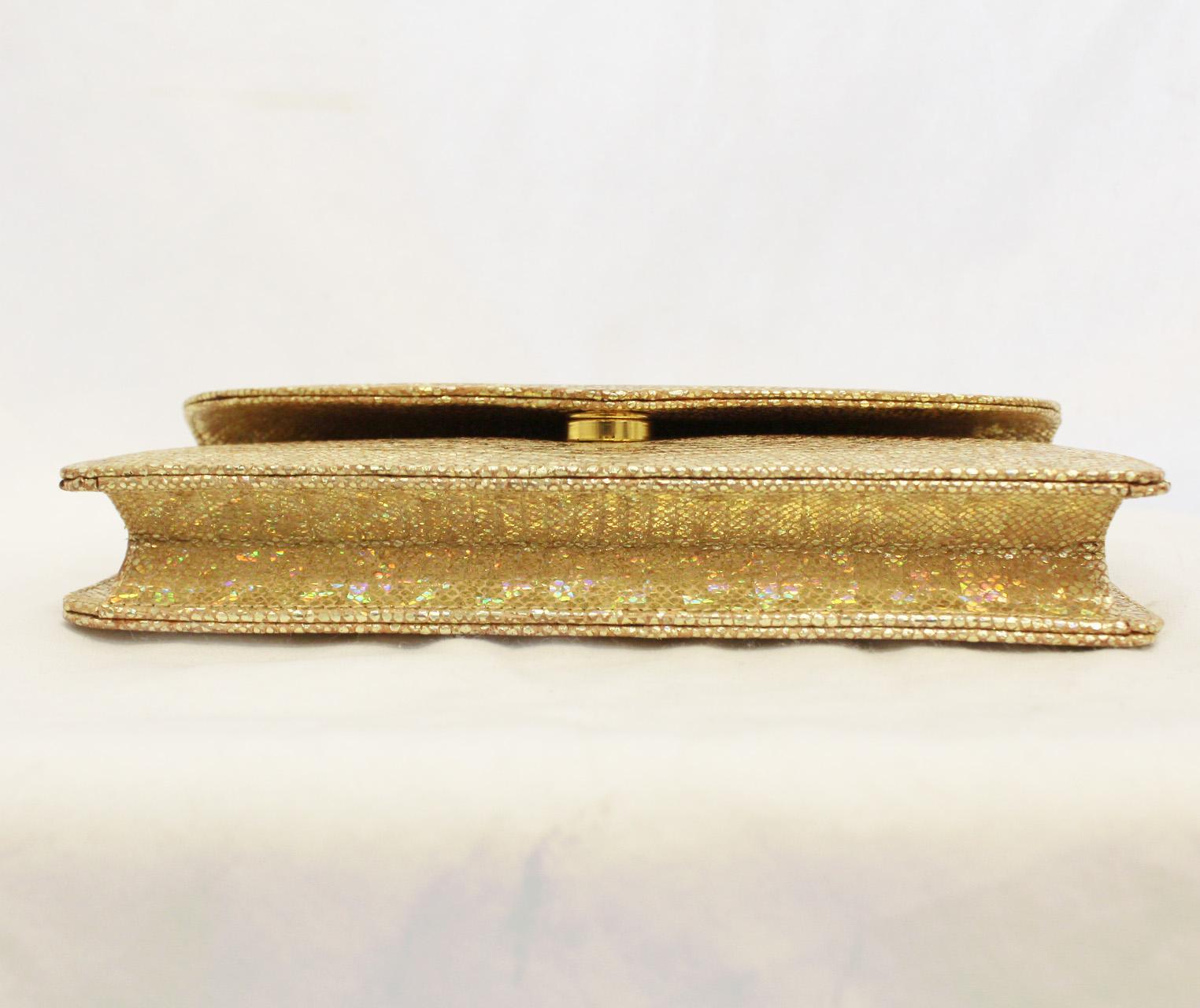 Luscious Lana Marks Gold Glitter Clutch with Gold Tone and Faux Pearl Chain In Good Condition In Palm Beach, FL