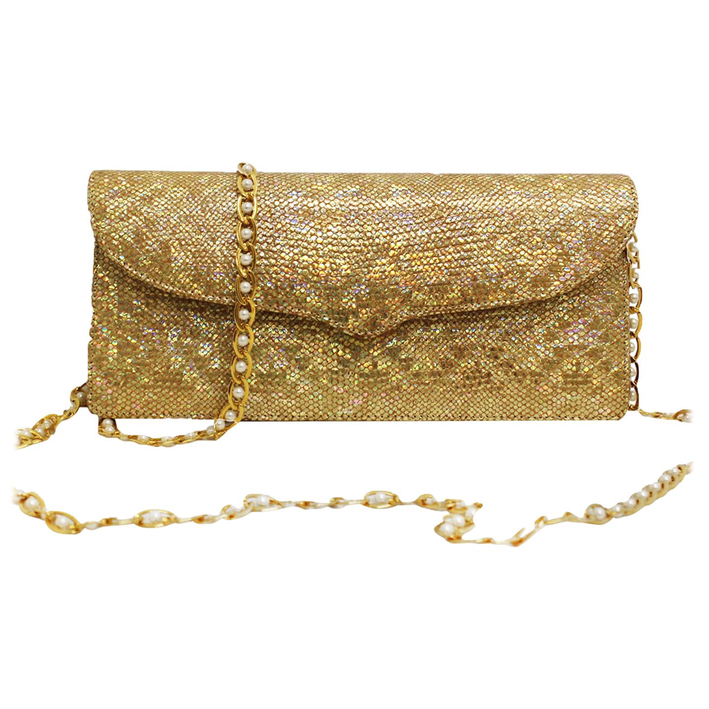 Luscious Lana Marks Gold Glitter Clutch with Gold Tone and Faux Pearl ...